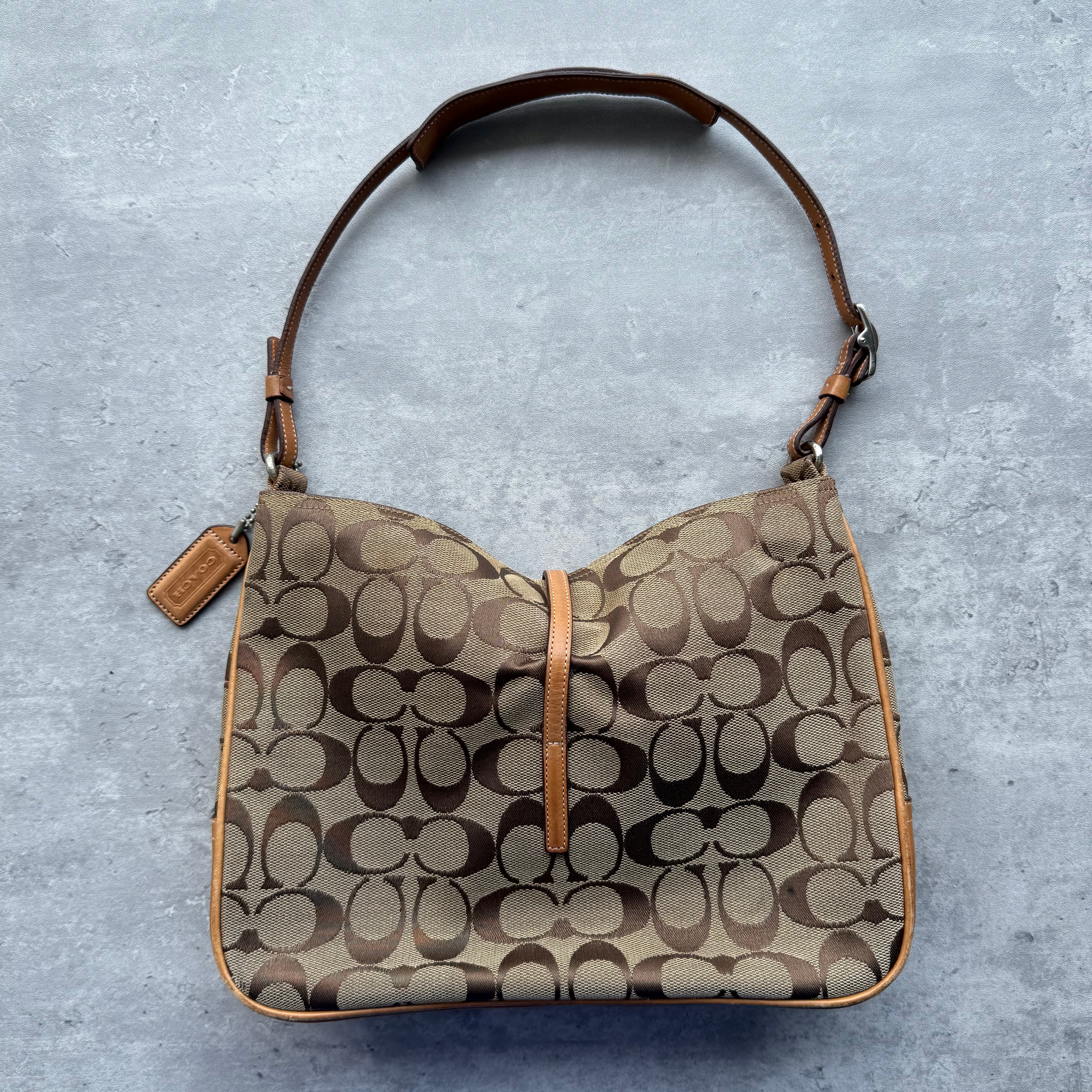 Coach Hobo Signature Clip Canvas Handbag Beige