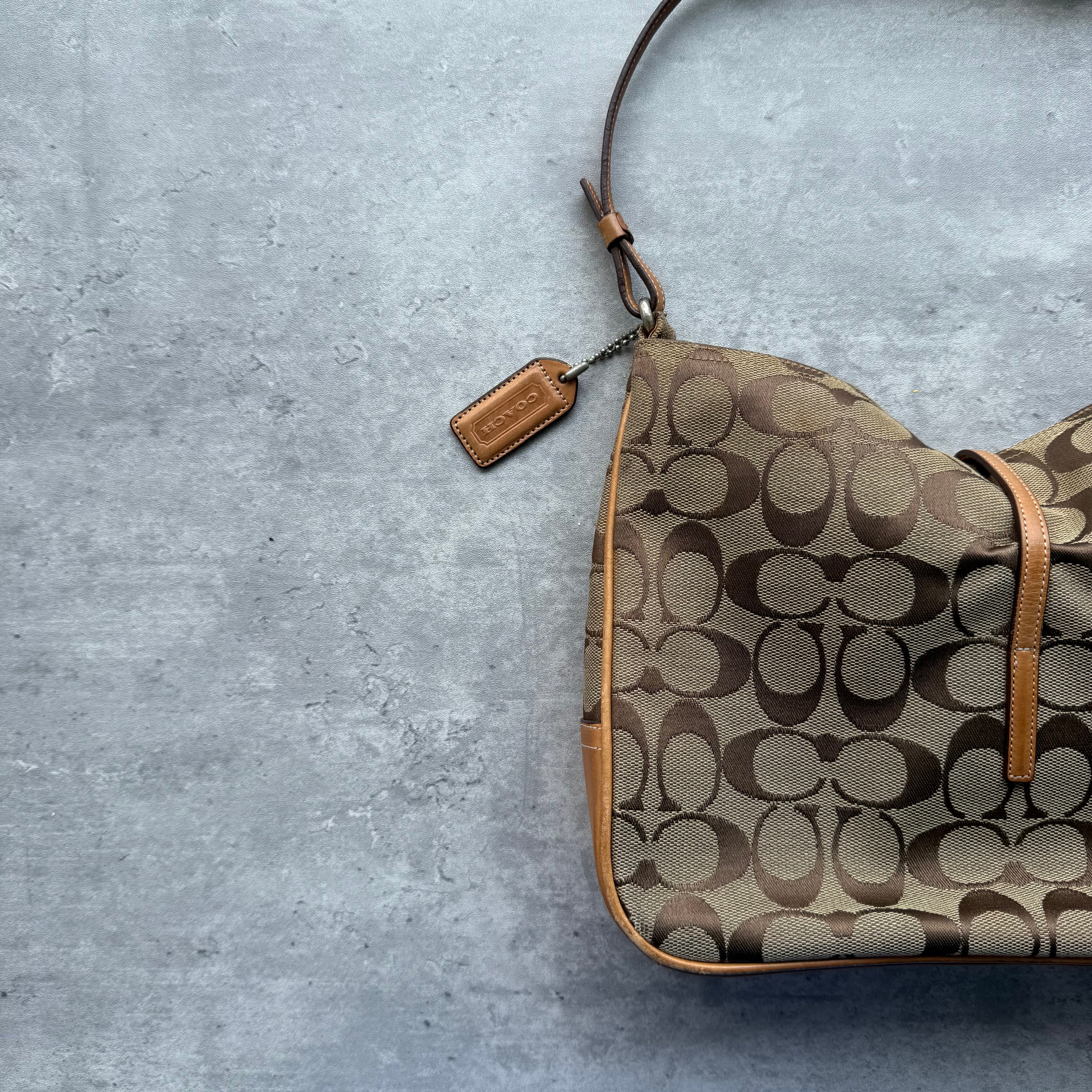 Coach Hobo Signature Clip Canvas Handbag Beige