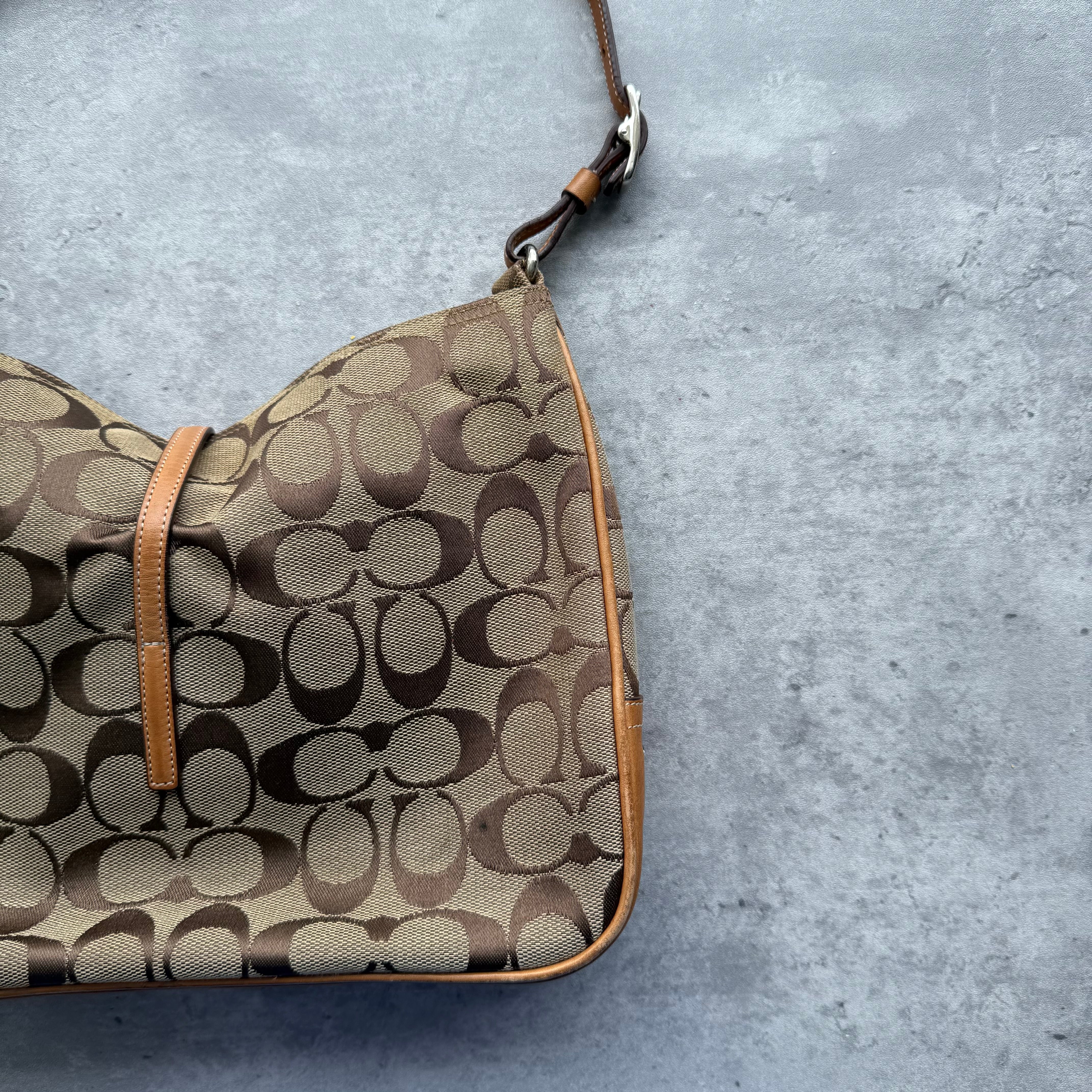 Coach Hobo Signature Clip Canvas Handbag Beige