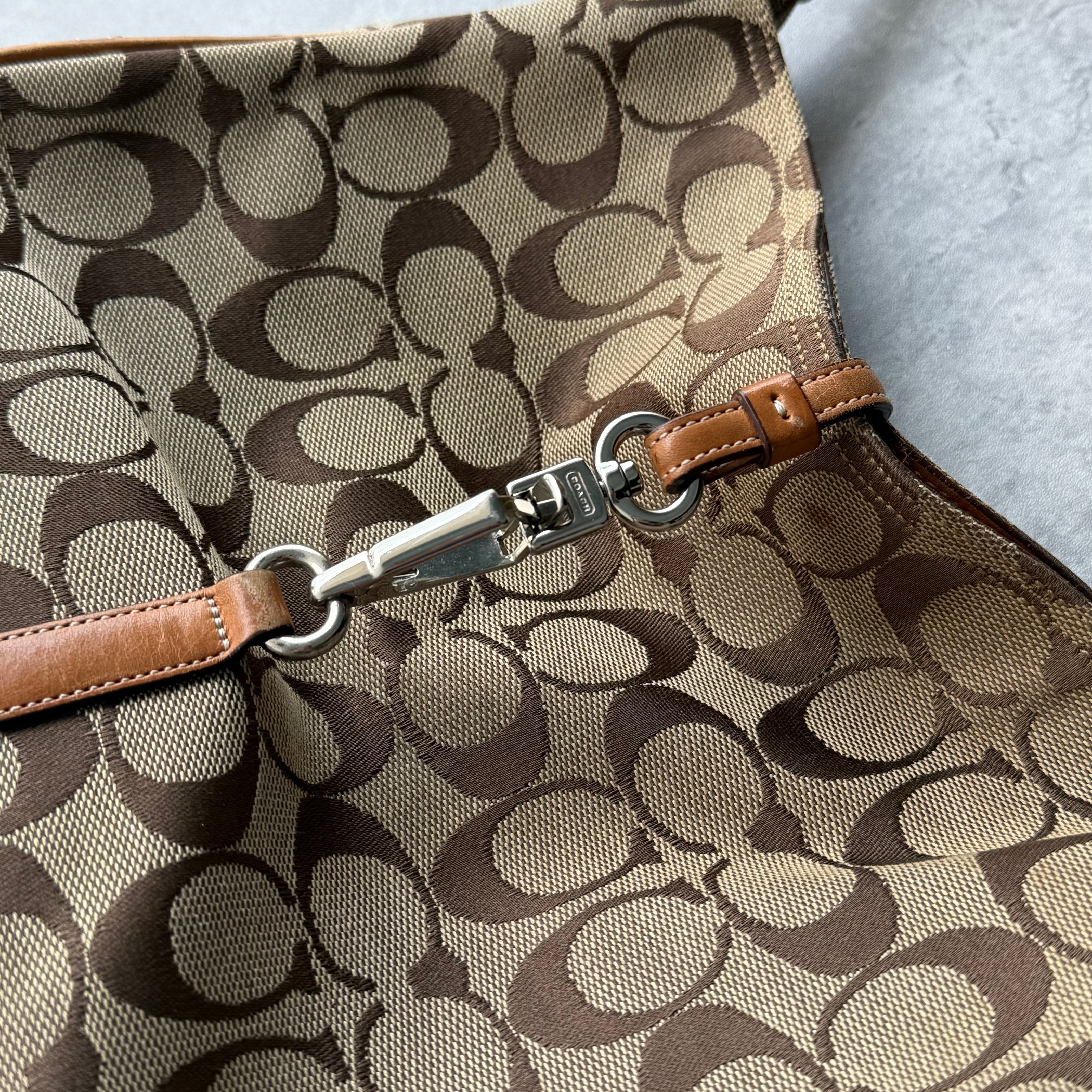 Coach Hobo Signature Clip Canvas Handbag Beige