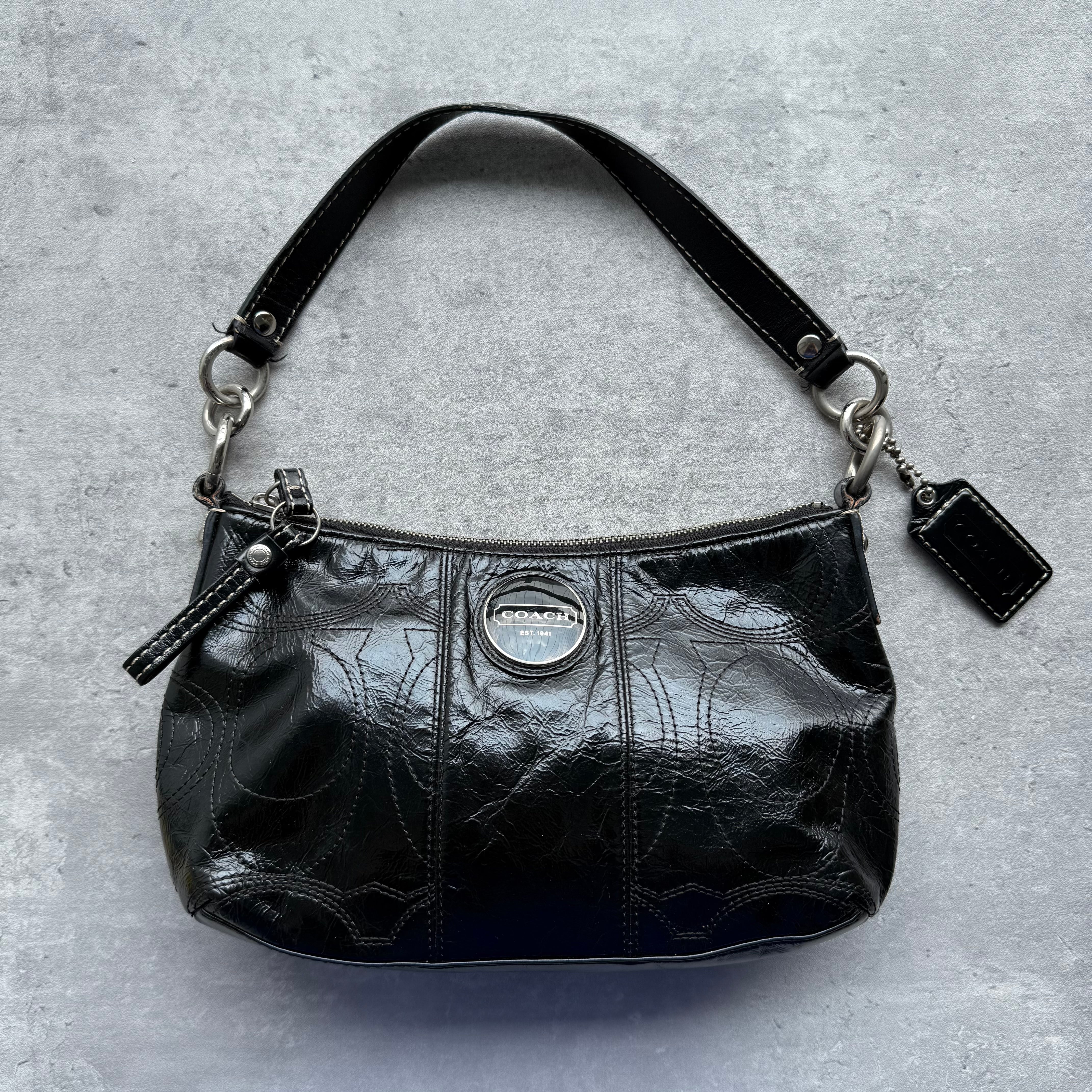 Coach 2Way Signature Patent Leather Shoulder Bag Black