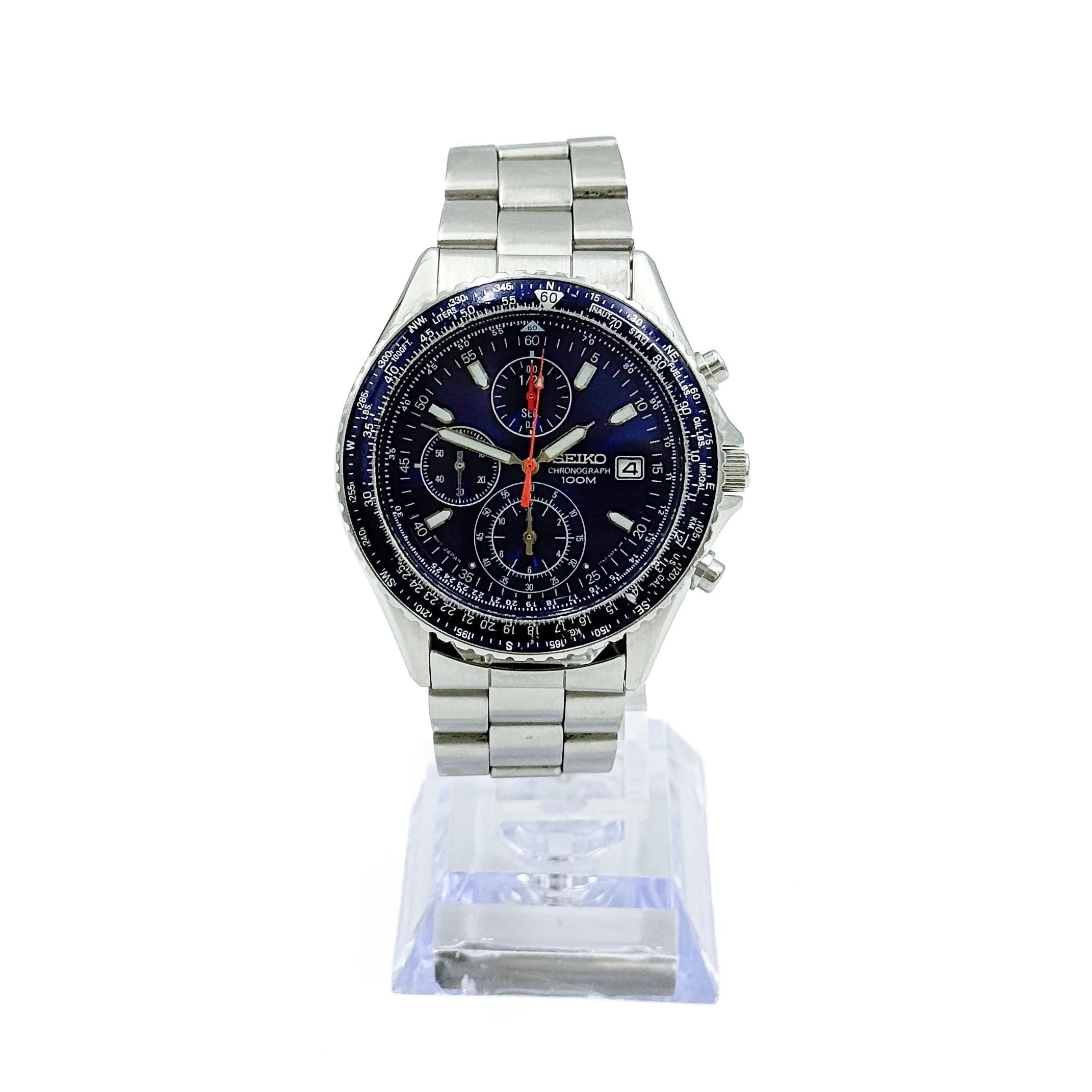 Seiko Flightmaster Pilot Chronograph Blue Dial Stainless Steel Watch