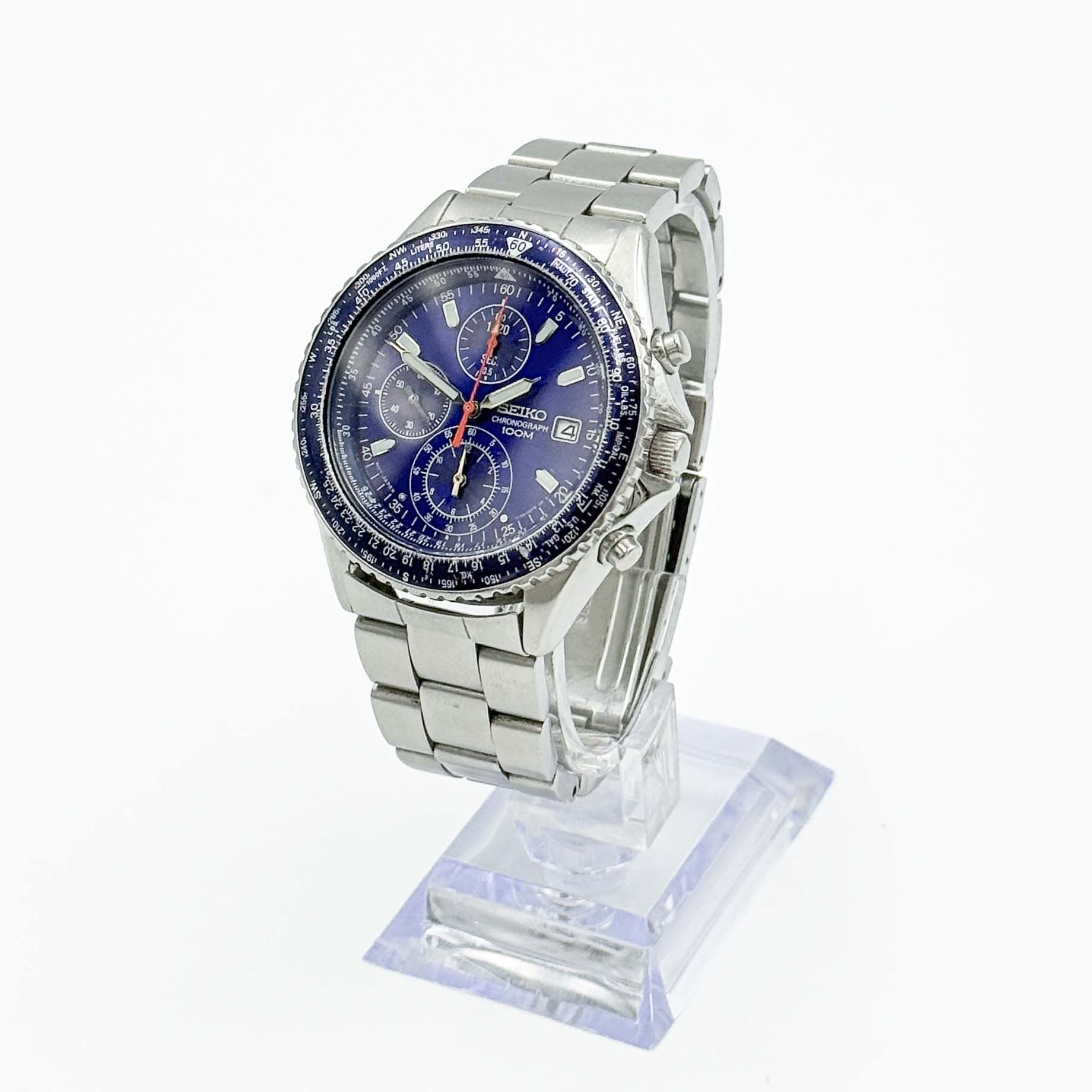 Seiko Flightmaster Pilot Chronograph Blue Dial Stainless Steel Watch