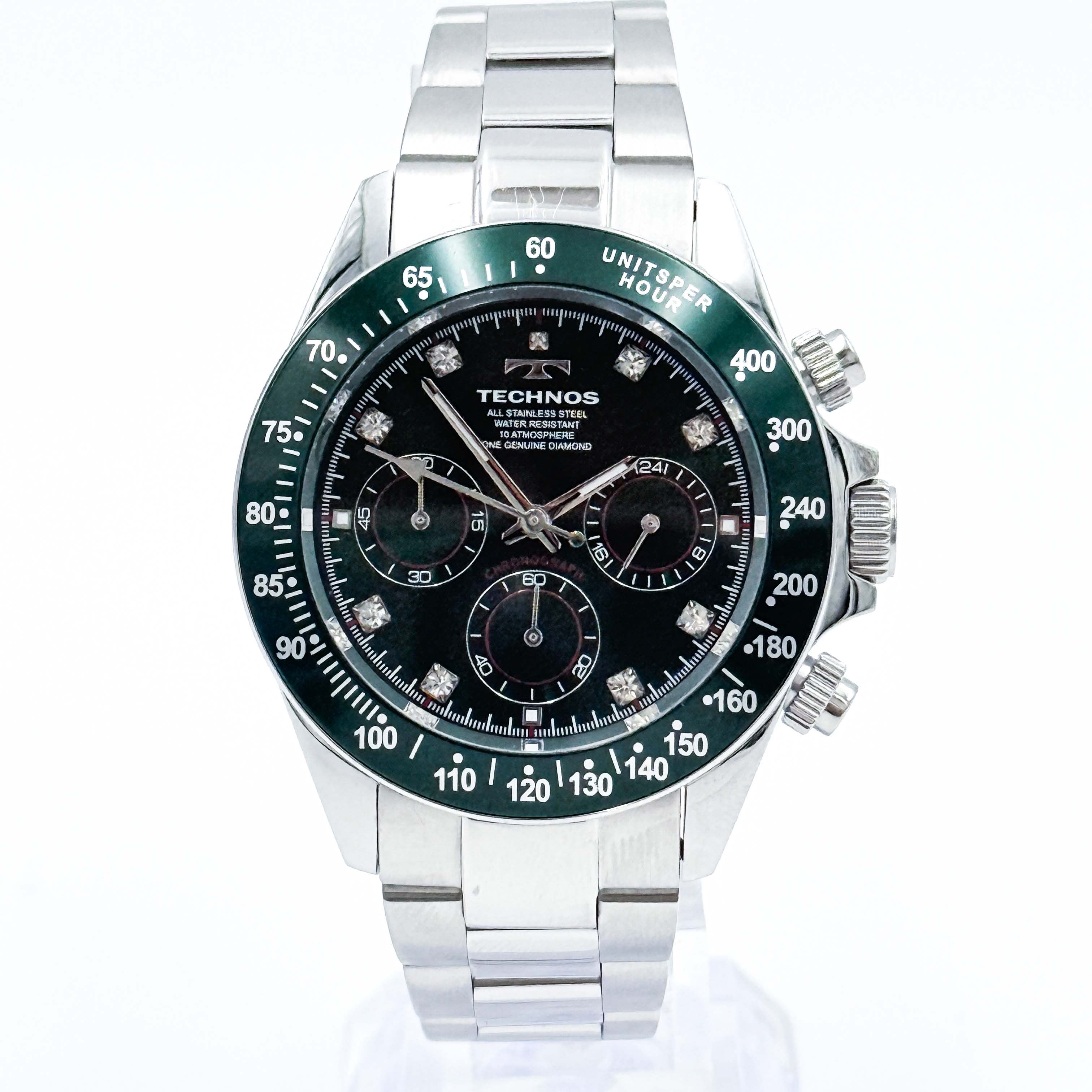 Technos Chronograph T4B26 Black Dial Stainless Steel Watch Green/Silver