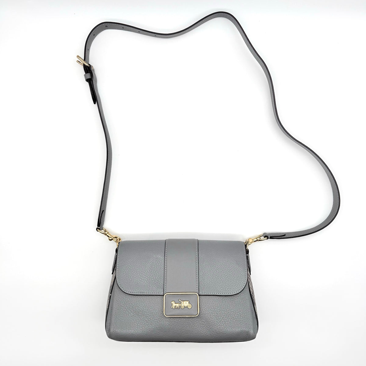 Coach Grace grey pebbled leather shoulder bag with python-embossed sides and gold coach carriage hardware, styled with a long adjustable strap.