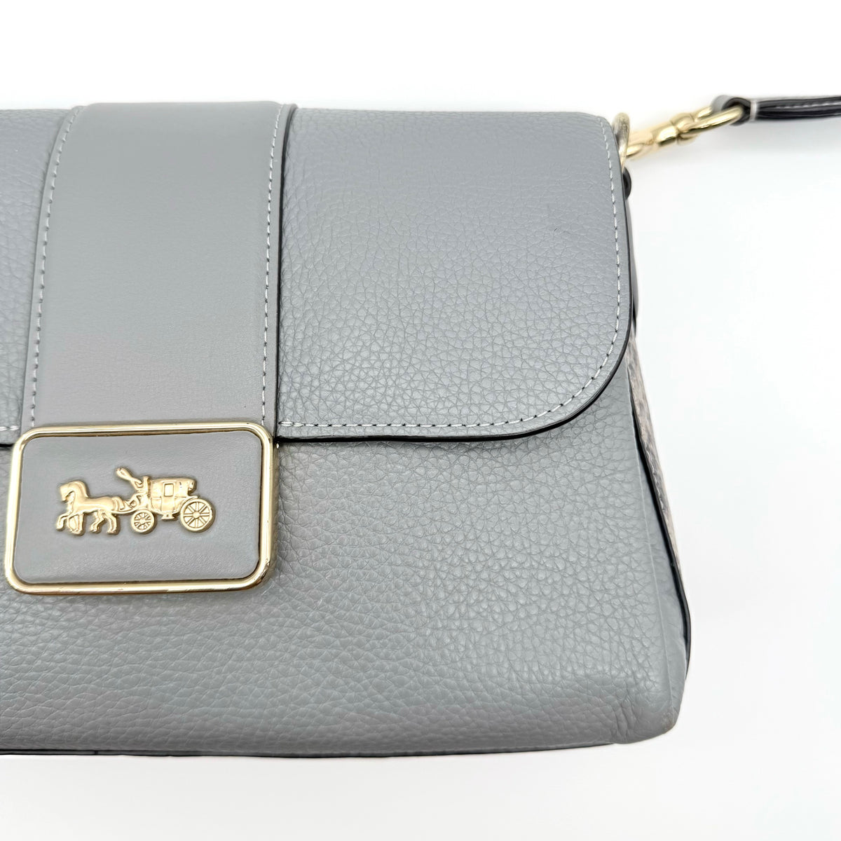Coach Grace grey pebbled leather shoulder bag with python-embossed sides and gold coach carriage hardware, styled with a long adjustable strap.
