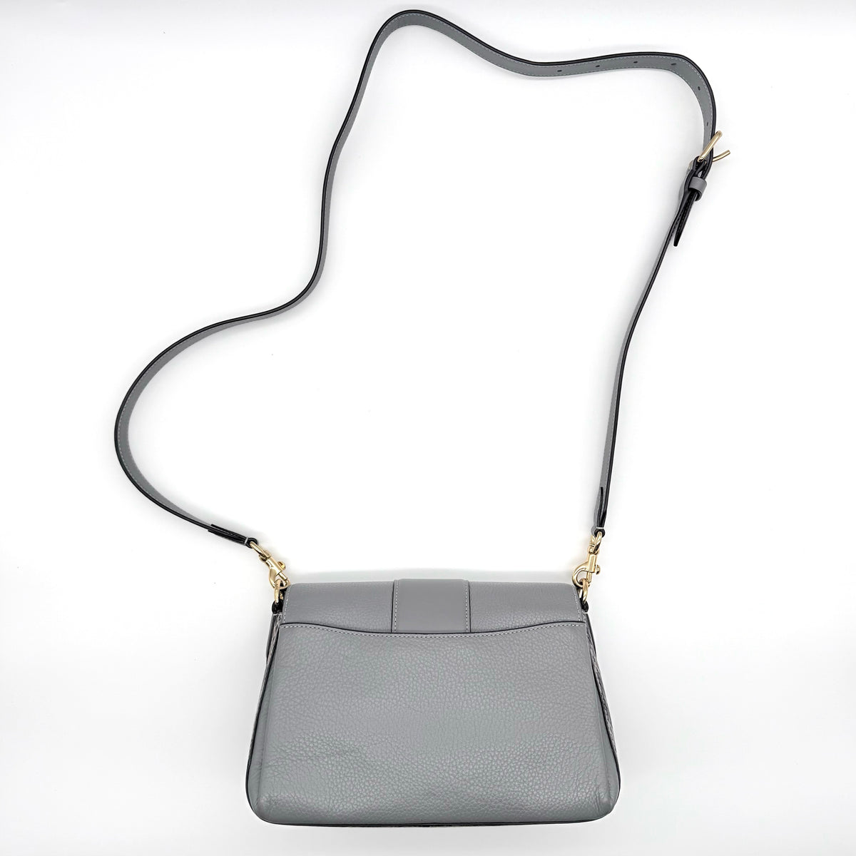 Coach Grace grey pebbled leather shoulder bag with python-embossed sides and gold coach carriage hardware, styled with a long adjustable strap.