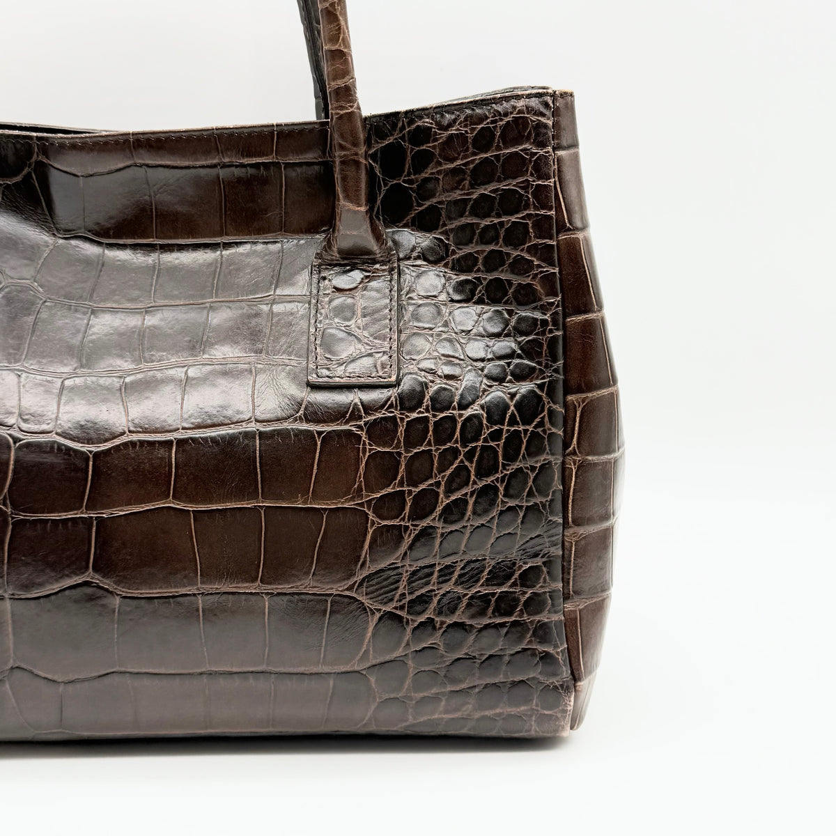 Furla dark brown croc-embossed leather handbag with silver-tone hardware and double top handles, photographed against a clean white background.