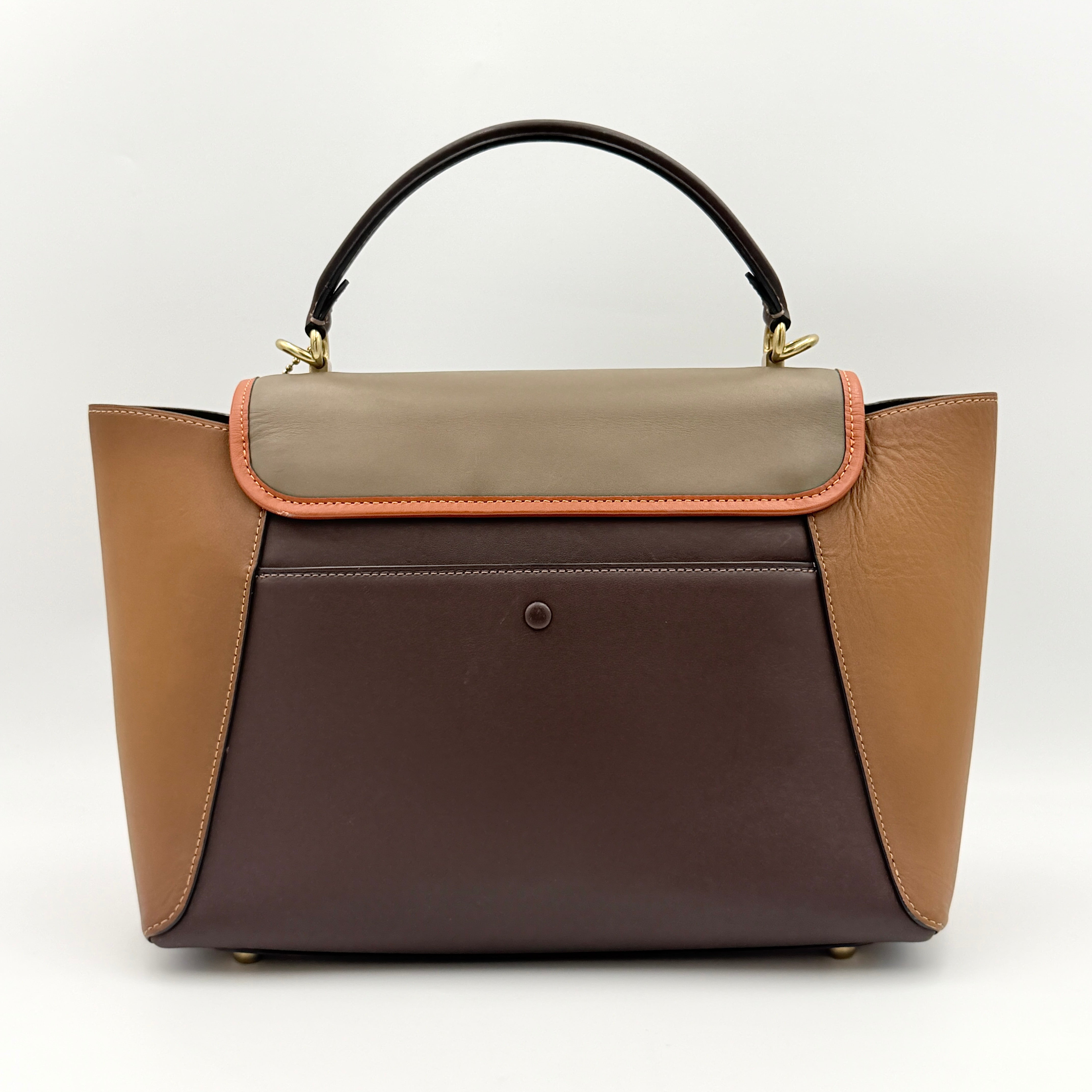 Coach 2Way Courier Carryall in brown and olive green colorblock leather with a structured silhouette, top handle, and detachable strap.