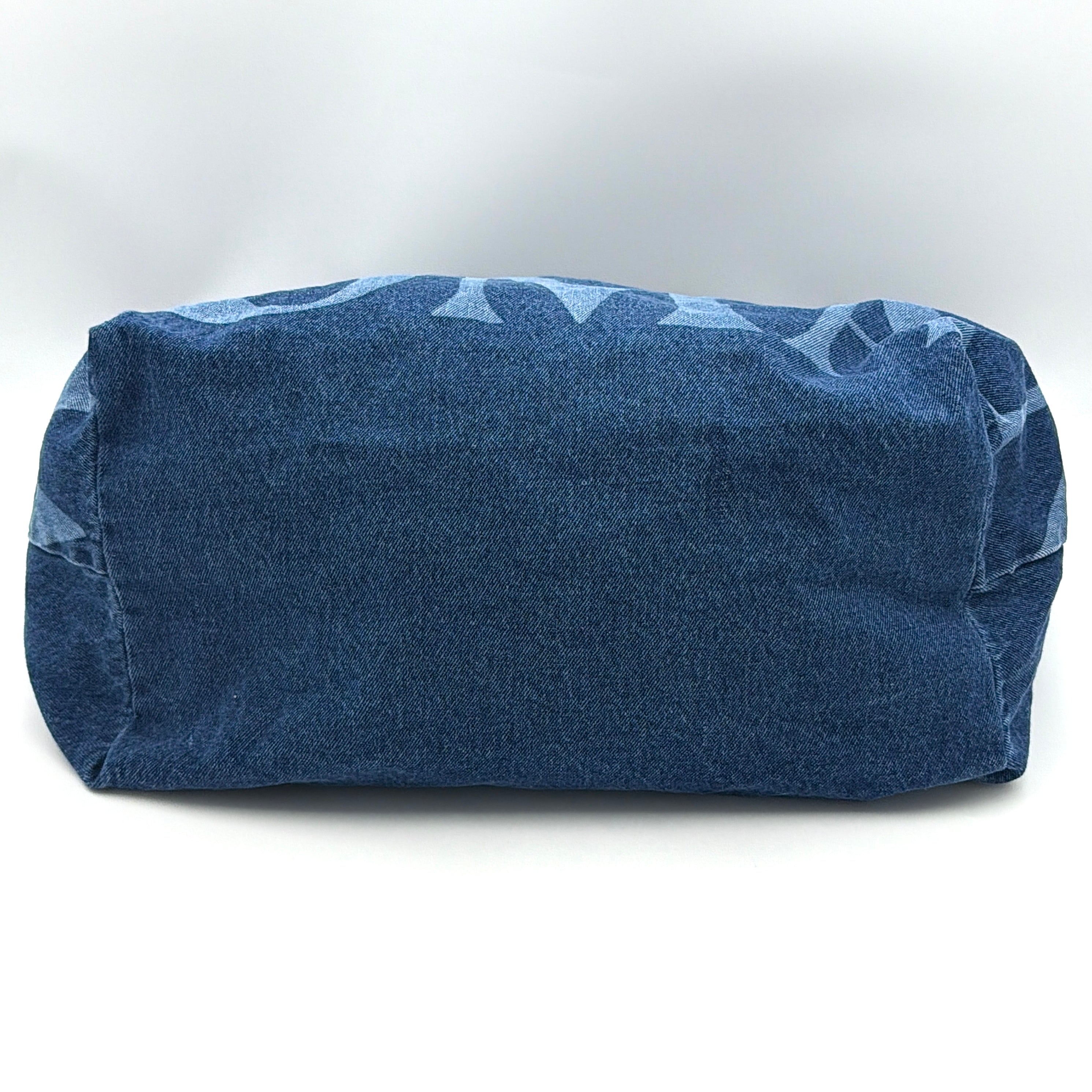 GENTLEWOMAN Jumbo Tote Bag in blue denim with oversized pale blue monogram, featuring sturdy twin handles.