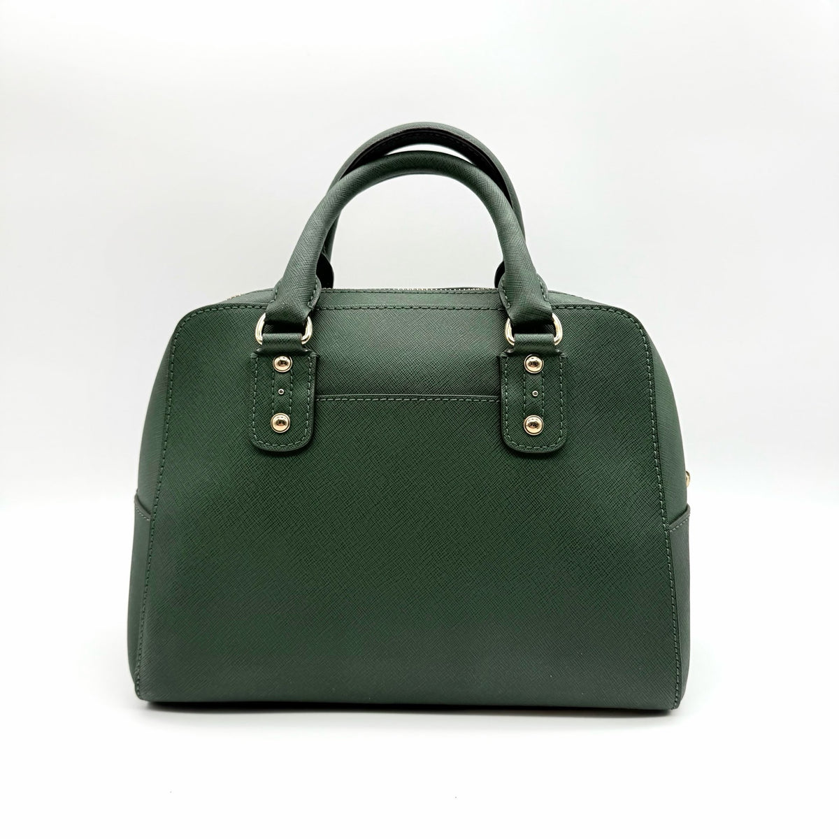 Michael Kors dark green Saffiano leather dome satchel with gold hardware and detachable strap, shown against a white background.
