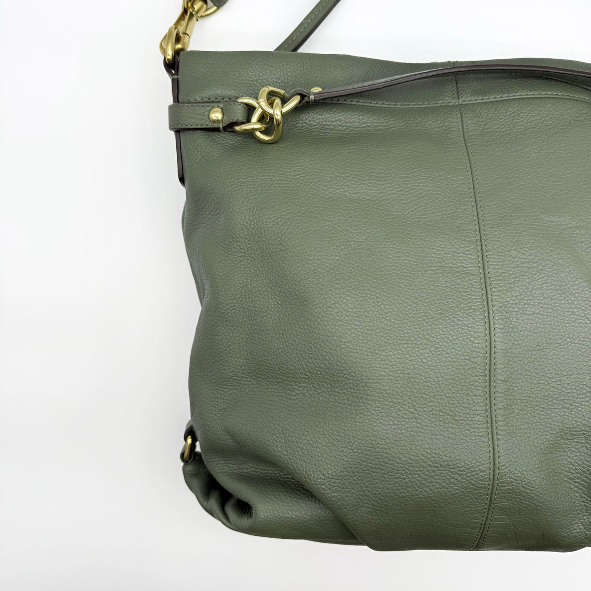 Coach Brooke Large Hobo Shoulder Bag in olive green pebbled leather with brass hardware, shown on a white background.
