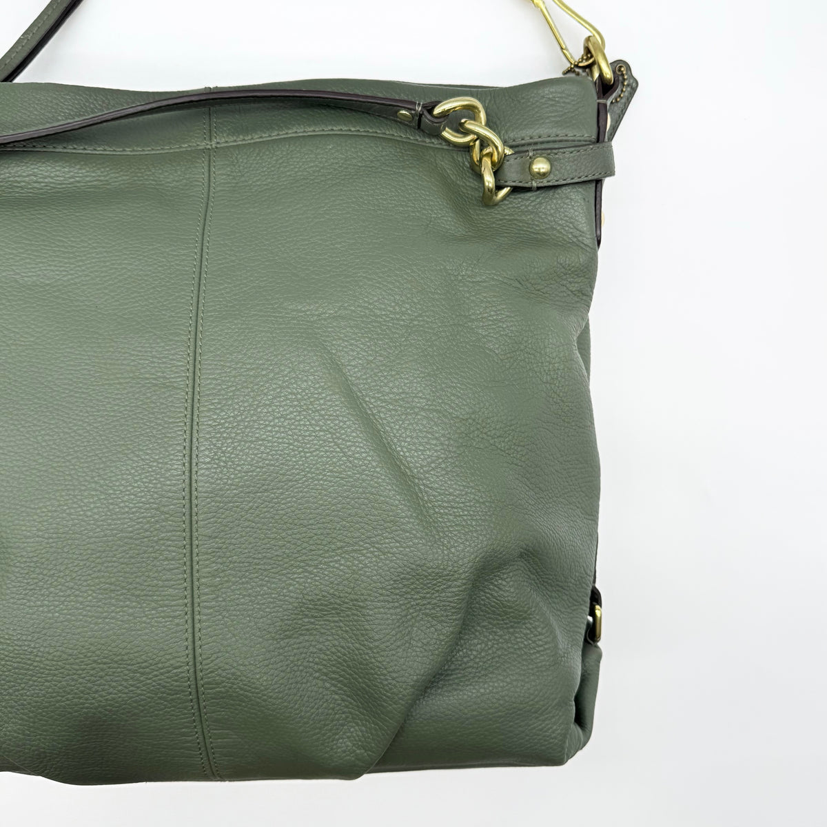 Coach Brooke Large Hobo Shoulder Bag in olive green pebbled leather with brass hardware, shown on a white background.
