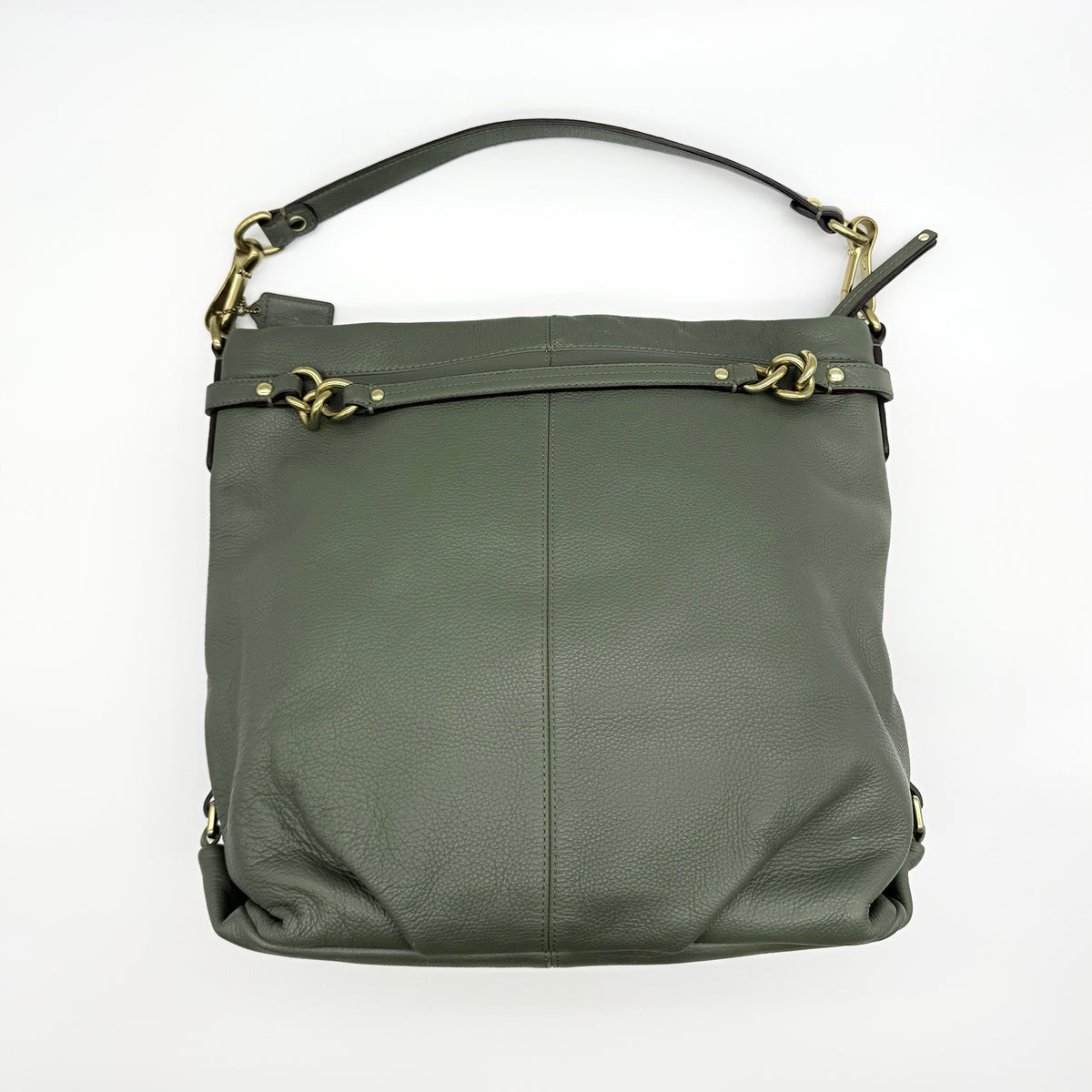 Coach Brooke Large Hobo Shoulder Bag in olive green pebbled leather with brass hardware, shown on a white background.
