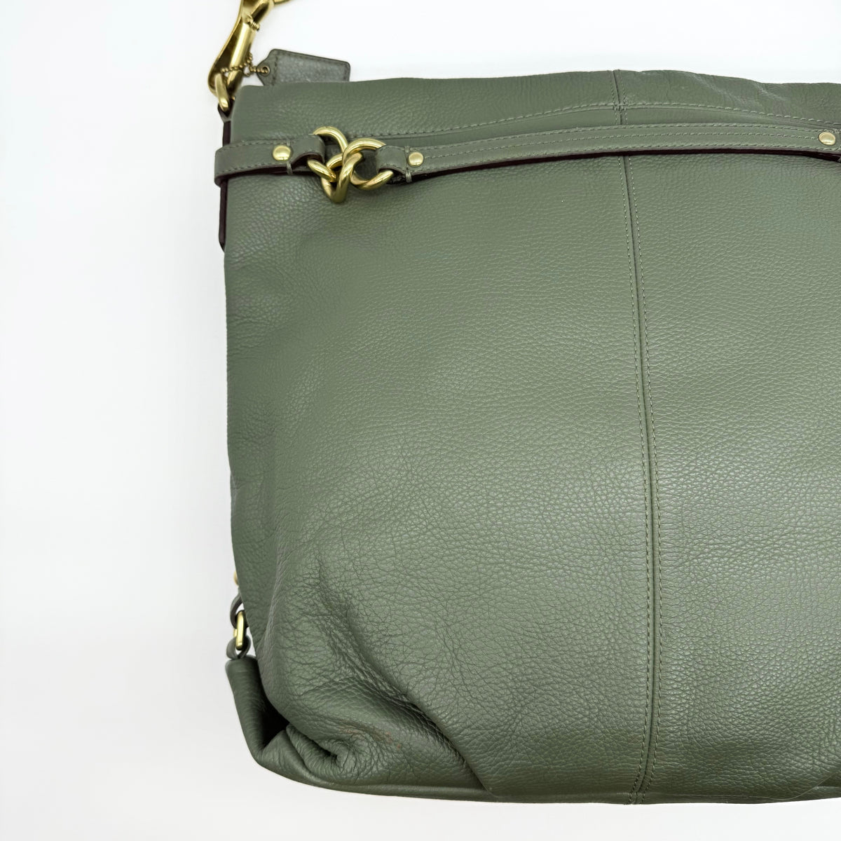 Coach Brooke Large Hobo Shoulder Bag in olive green pebbled leather with brass hardware, shown on a white background.