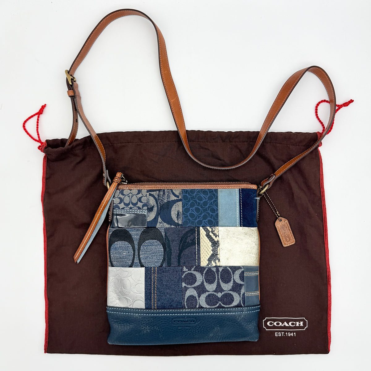 Coach Signature Denim Patchwork Swingpack Crossbody Bag Blue/Brown