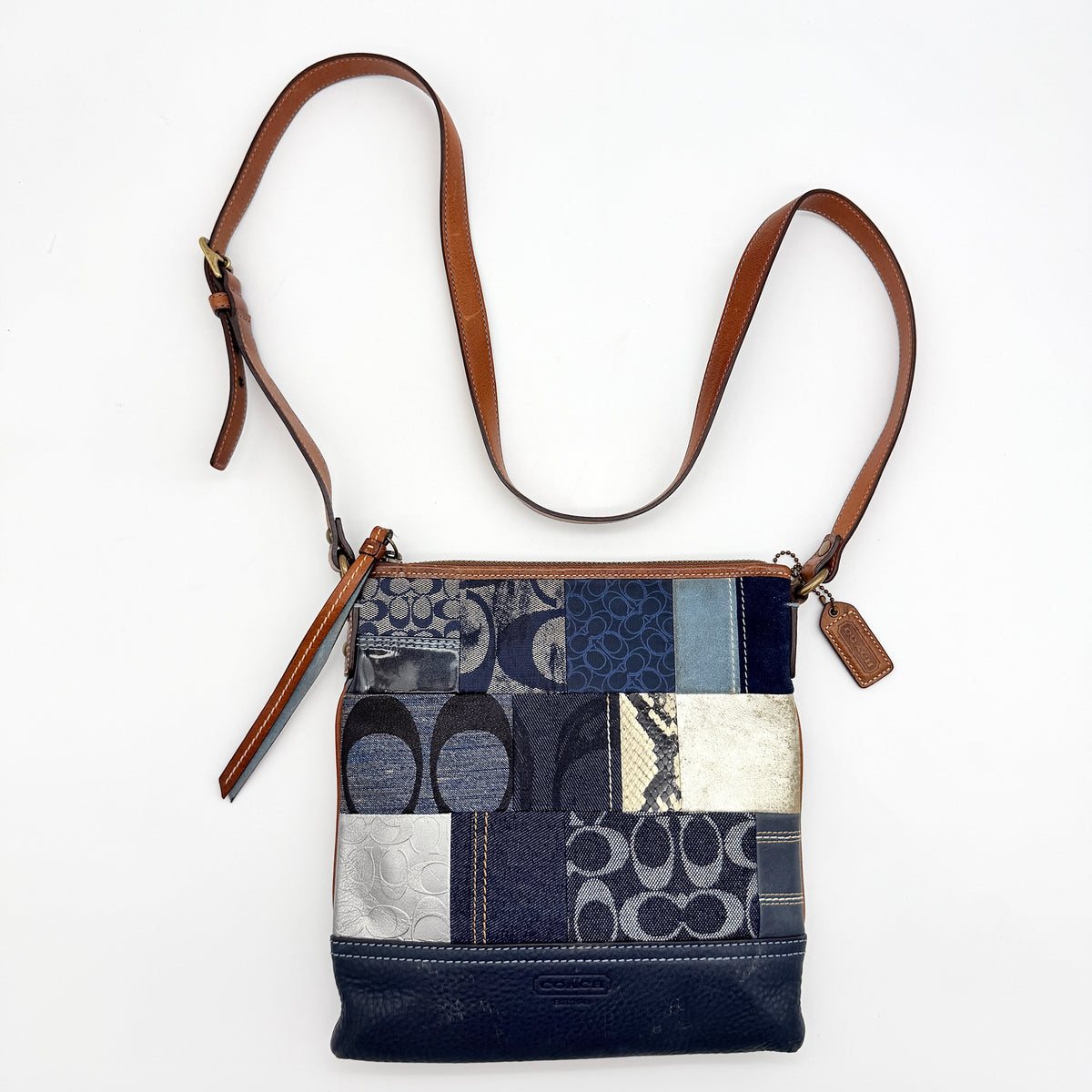 Coach Signature Denim Patchwork Swingpack Crossbody Bag Blue/Brown
