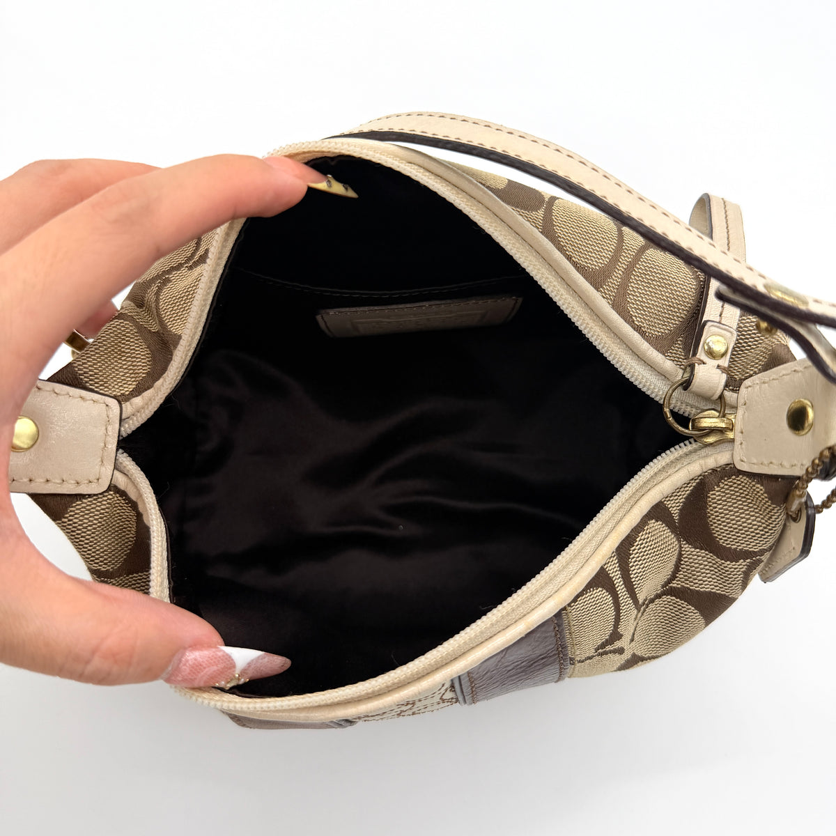 Coach Signature Stripe Mini Hobo Shoulder Bag Beige/Brown