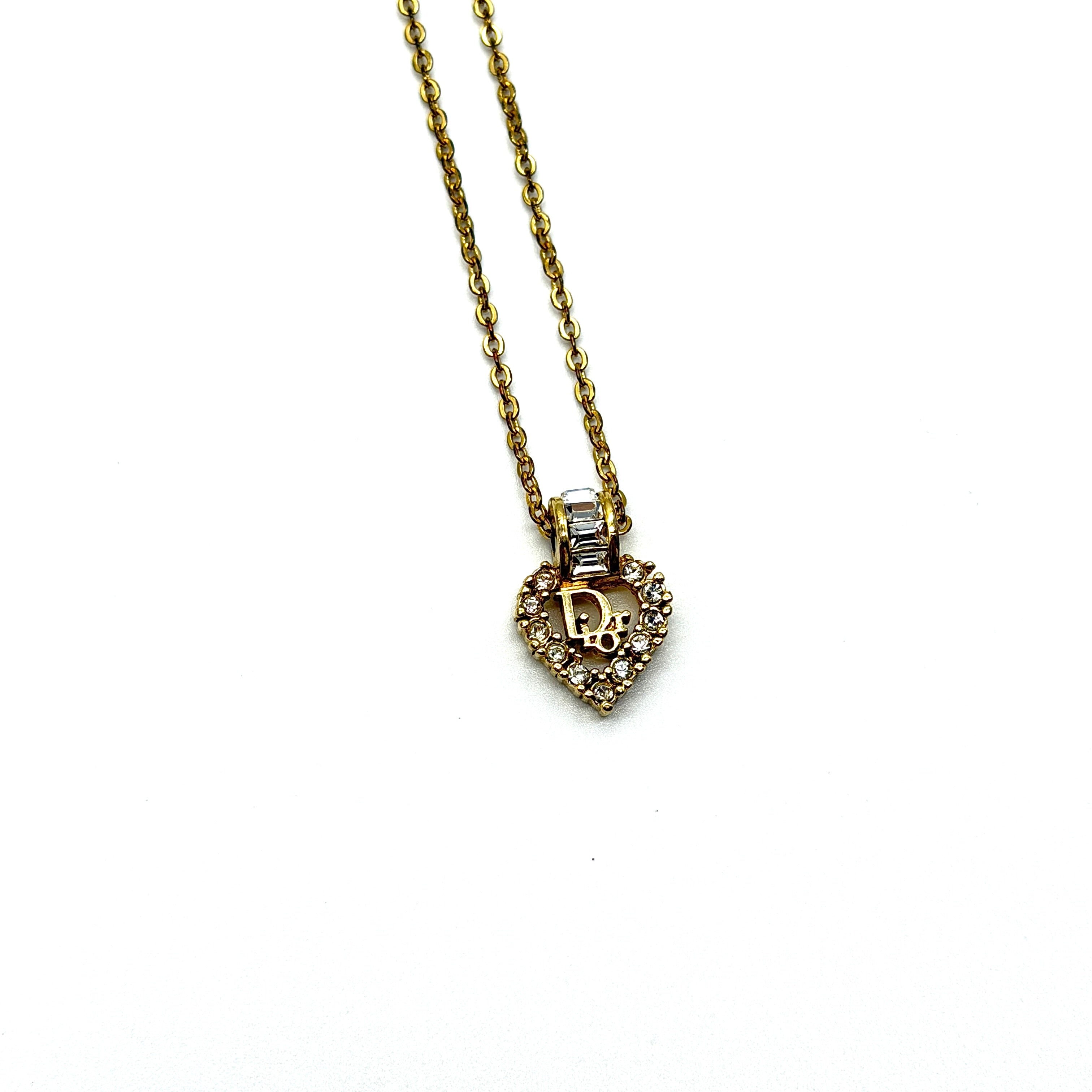Dior Rhinestone Heart Logo Necklace Gold