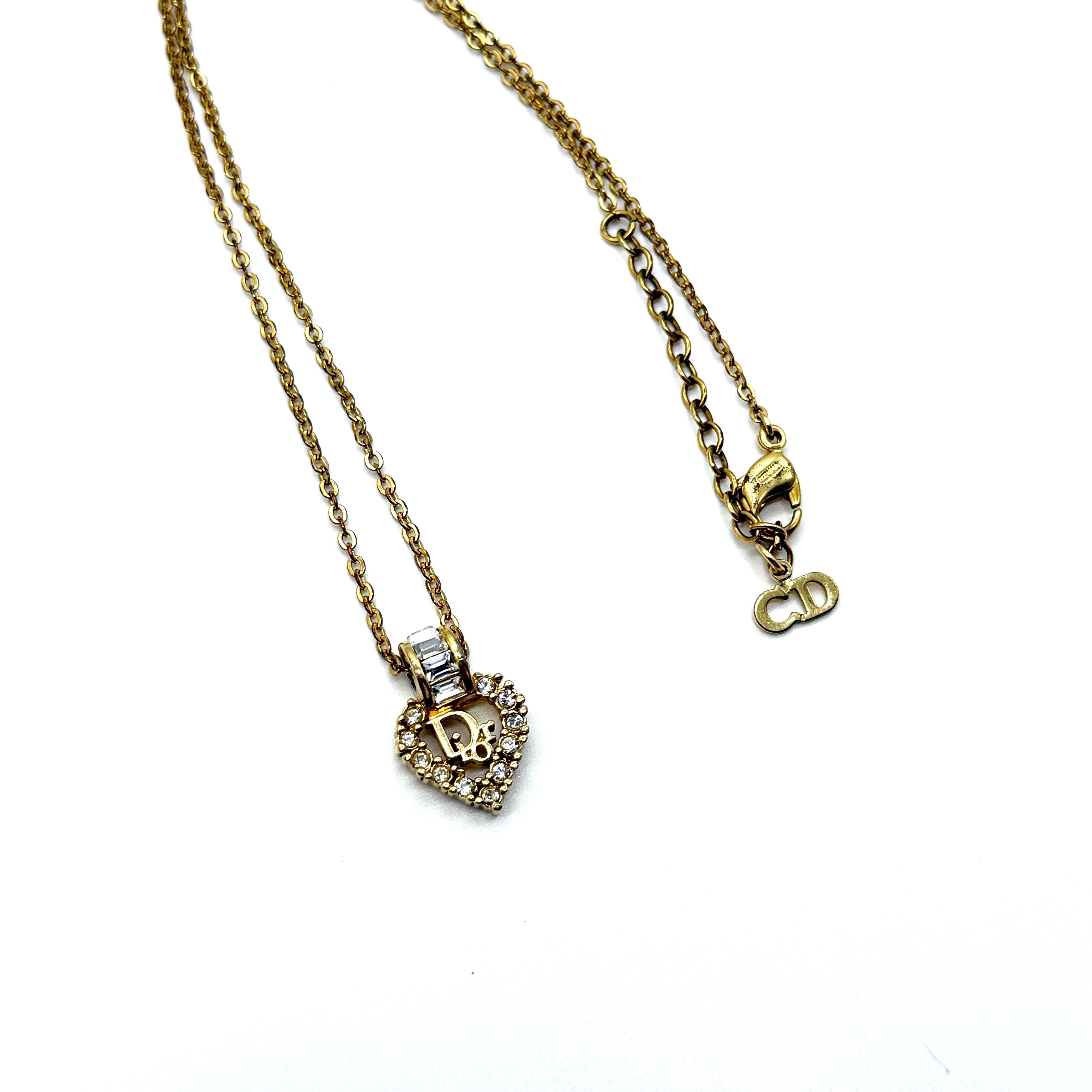Dior Rhinestone Heart Logo Necklace Gold