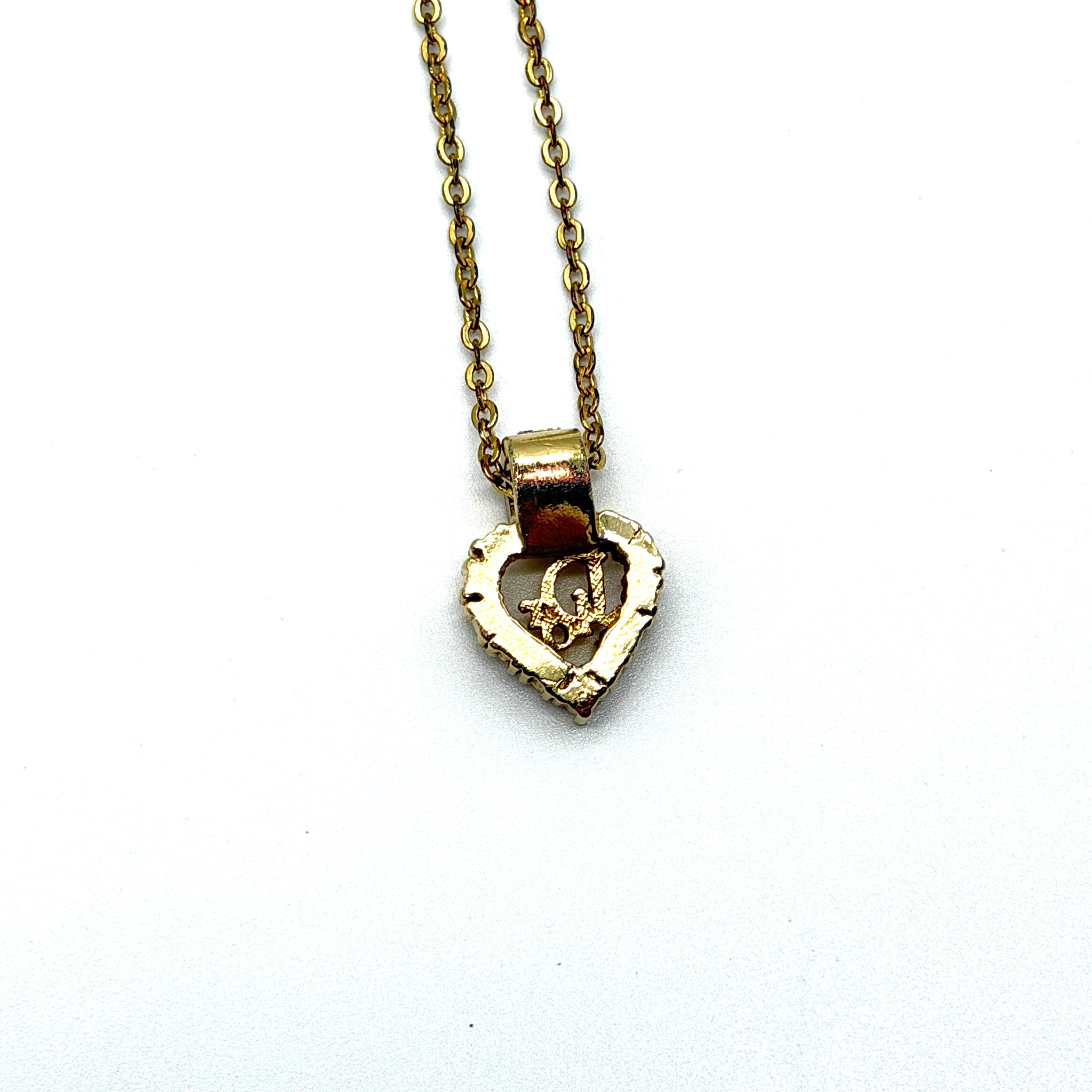 Dior Rhinestone Heart Logo Necklace Gold