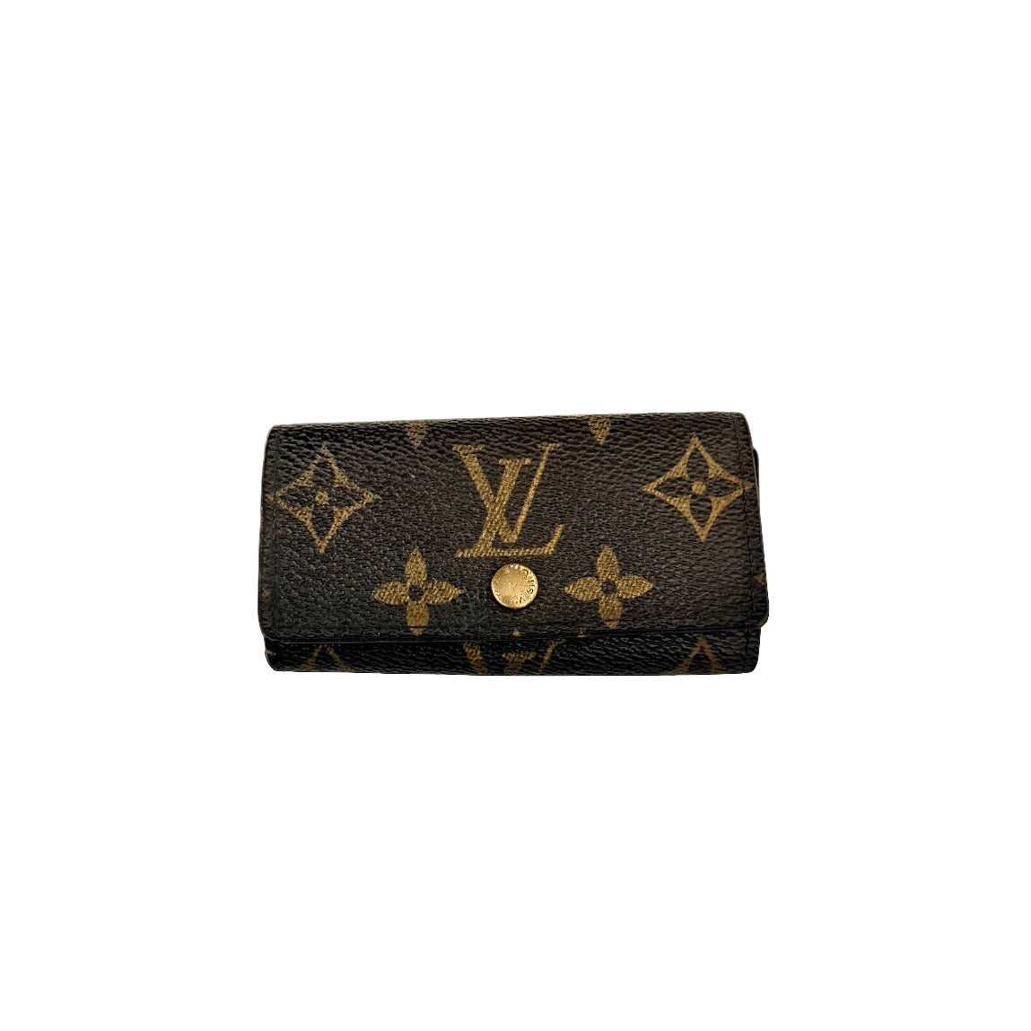 Louis Vuitton monogram key case in brown with gold-tone snap closure and classic LV pattern on coated canvas.