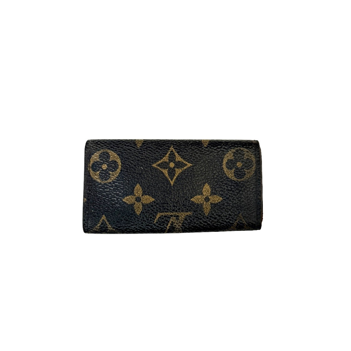 Louis Vuitton monogram key case in brown with gold-tone snap closure and classic LV pattern on coated canvas.