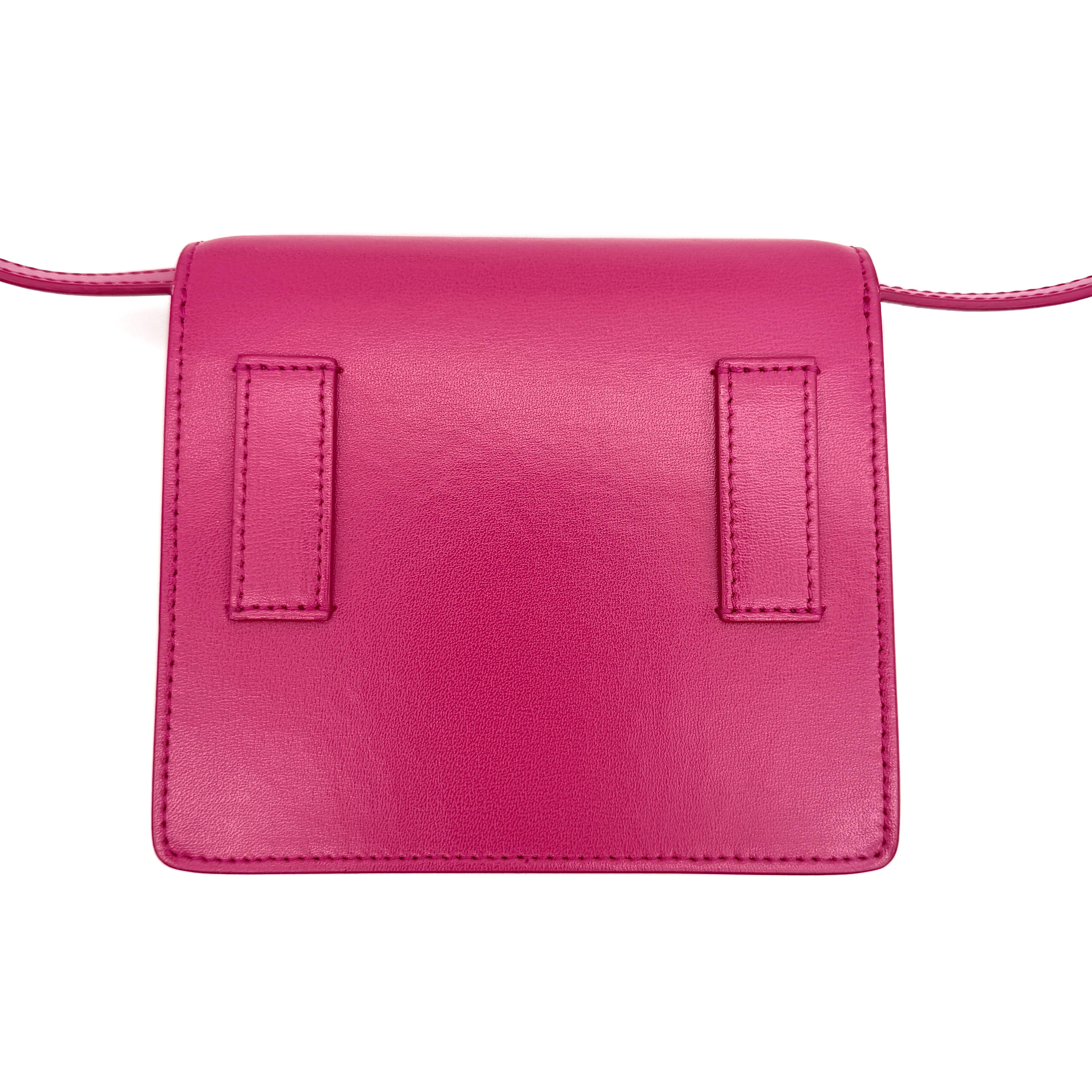 Off-White Jitney 0.7 Crossbody Bag in pink leather with silver-tone arrow logo and adjustable strap, shown against a white background.