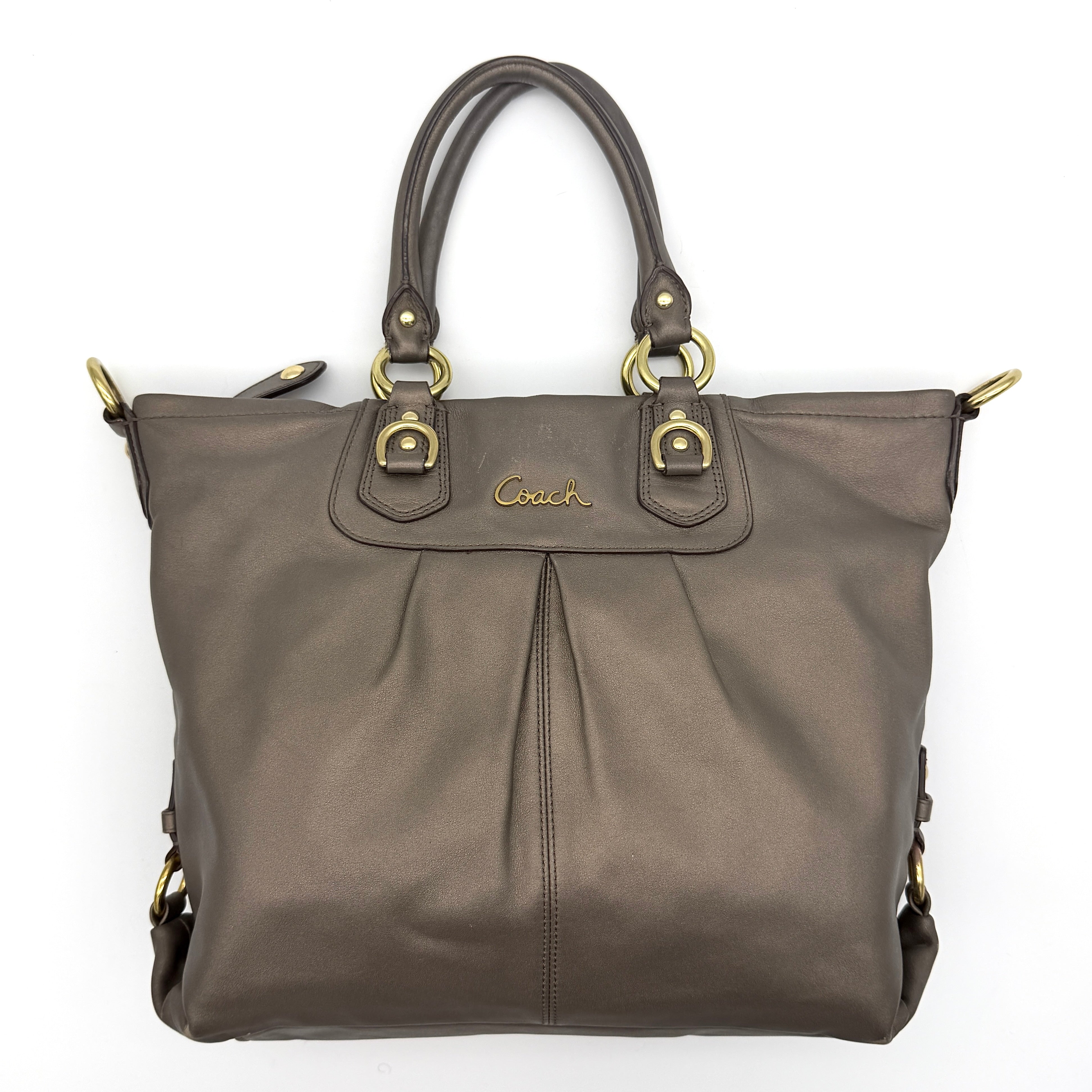 Coach Ashley 2Way shoulder bag in grey leather with gold-tone hardware and detachable strap, displayed against a white background.