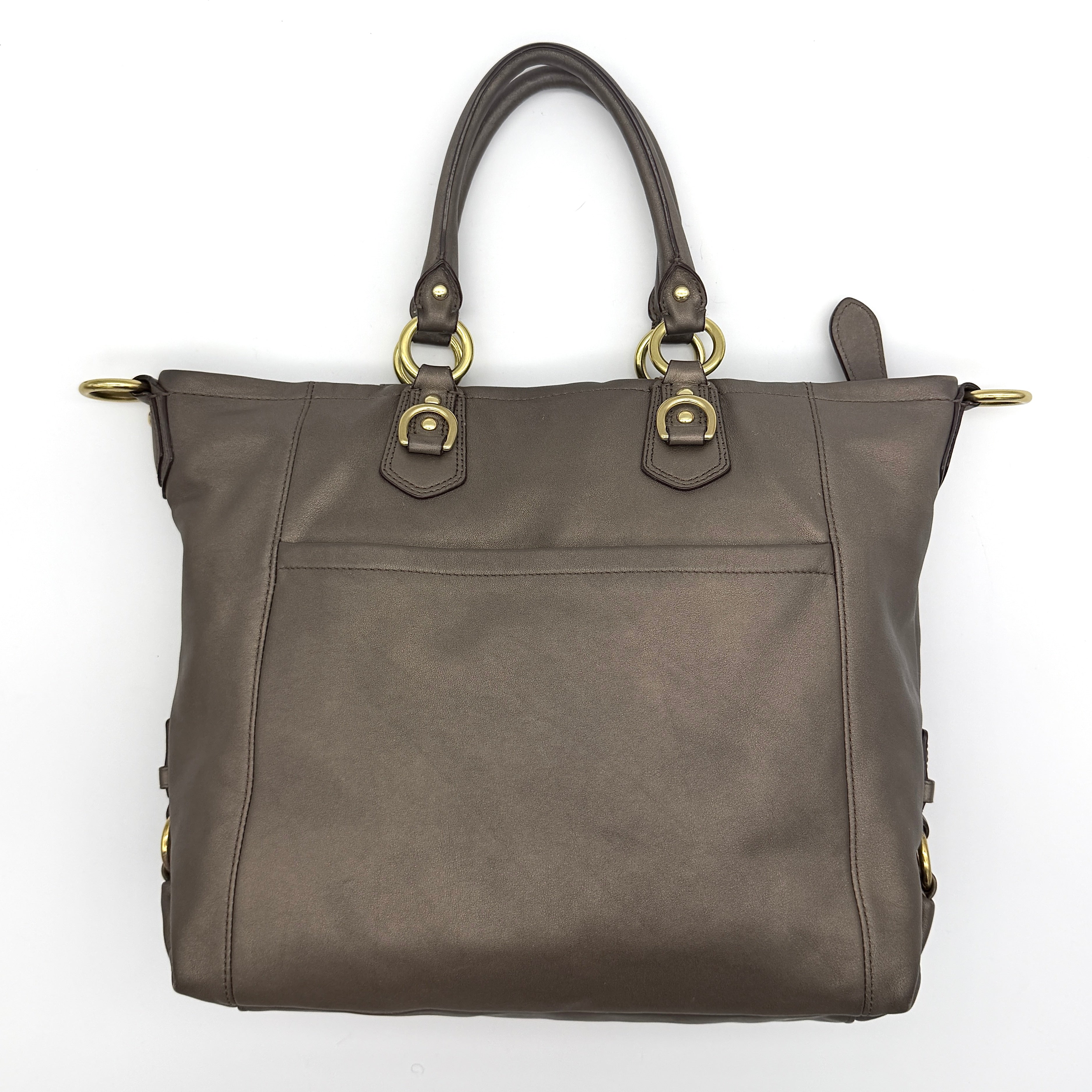 Coach Ashley 2Way shoulder bag in grey leather with gold-tone hardware and detachable strap, displayed against a white background.