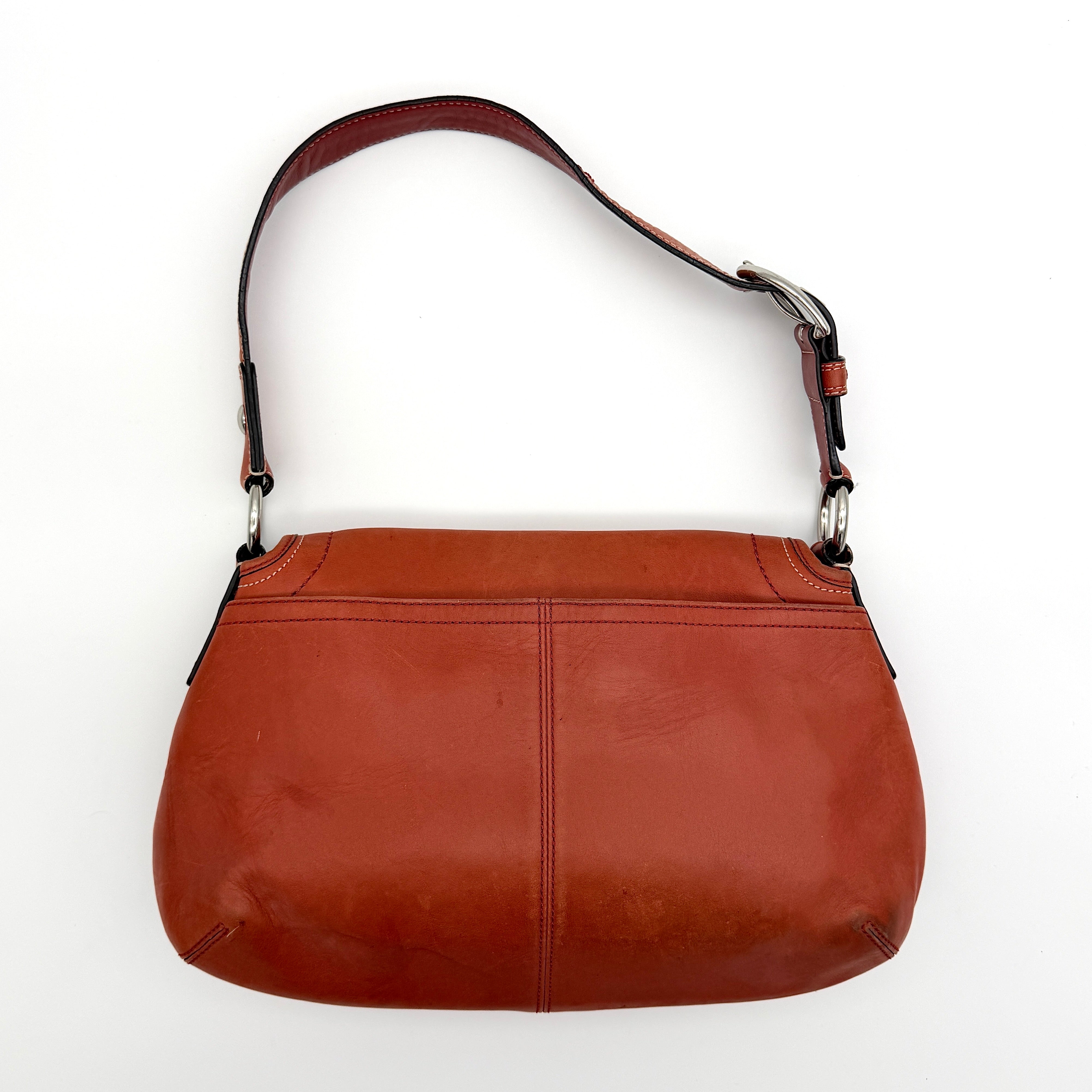 Coach Soho bag in burnt orange leather with pleated detailing and wide shoulder strap, shown on a white background.