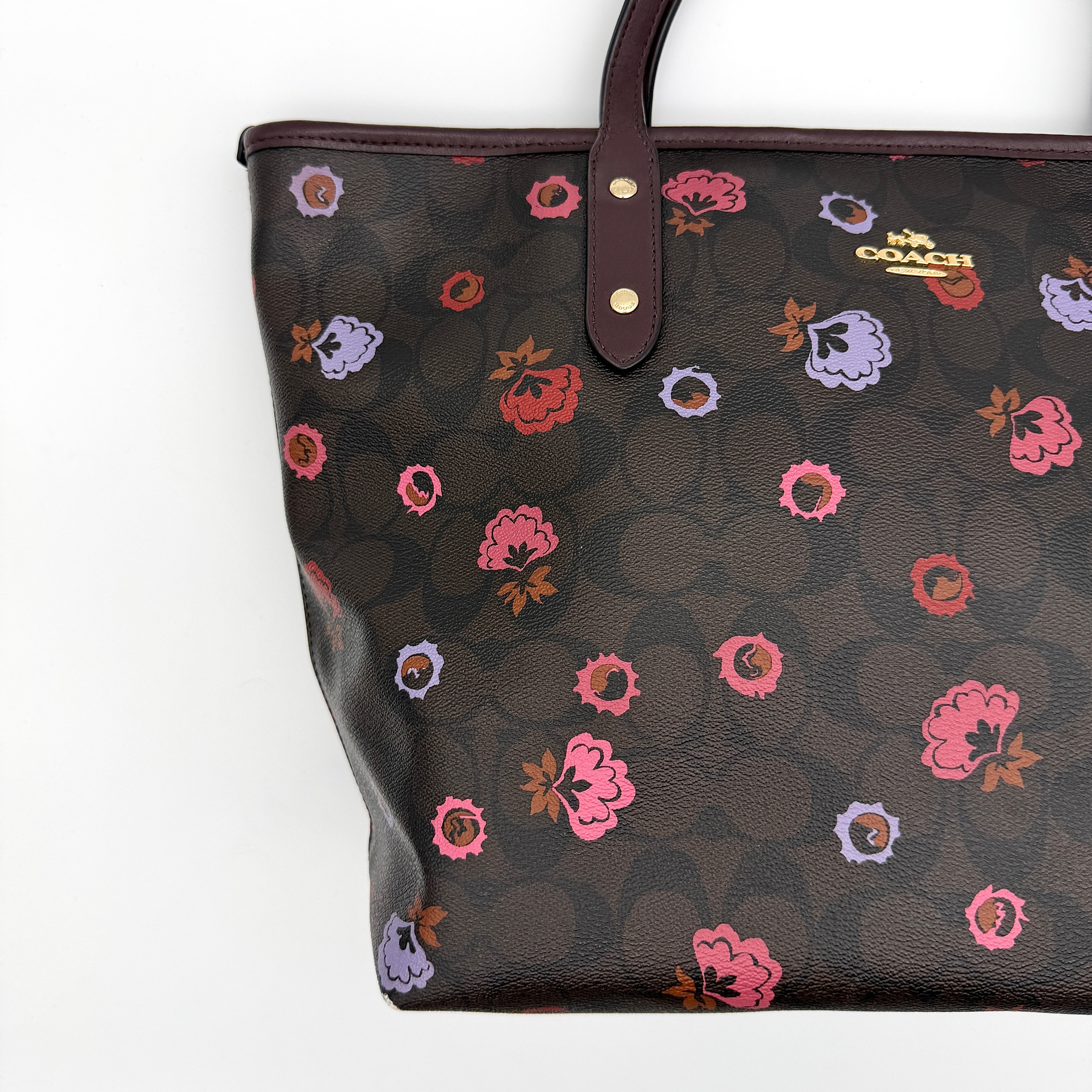 Coach Signature Floral Print City Tote Bag Brown