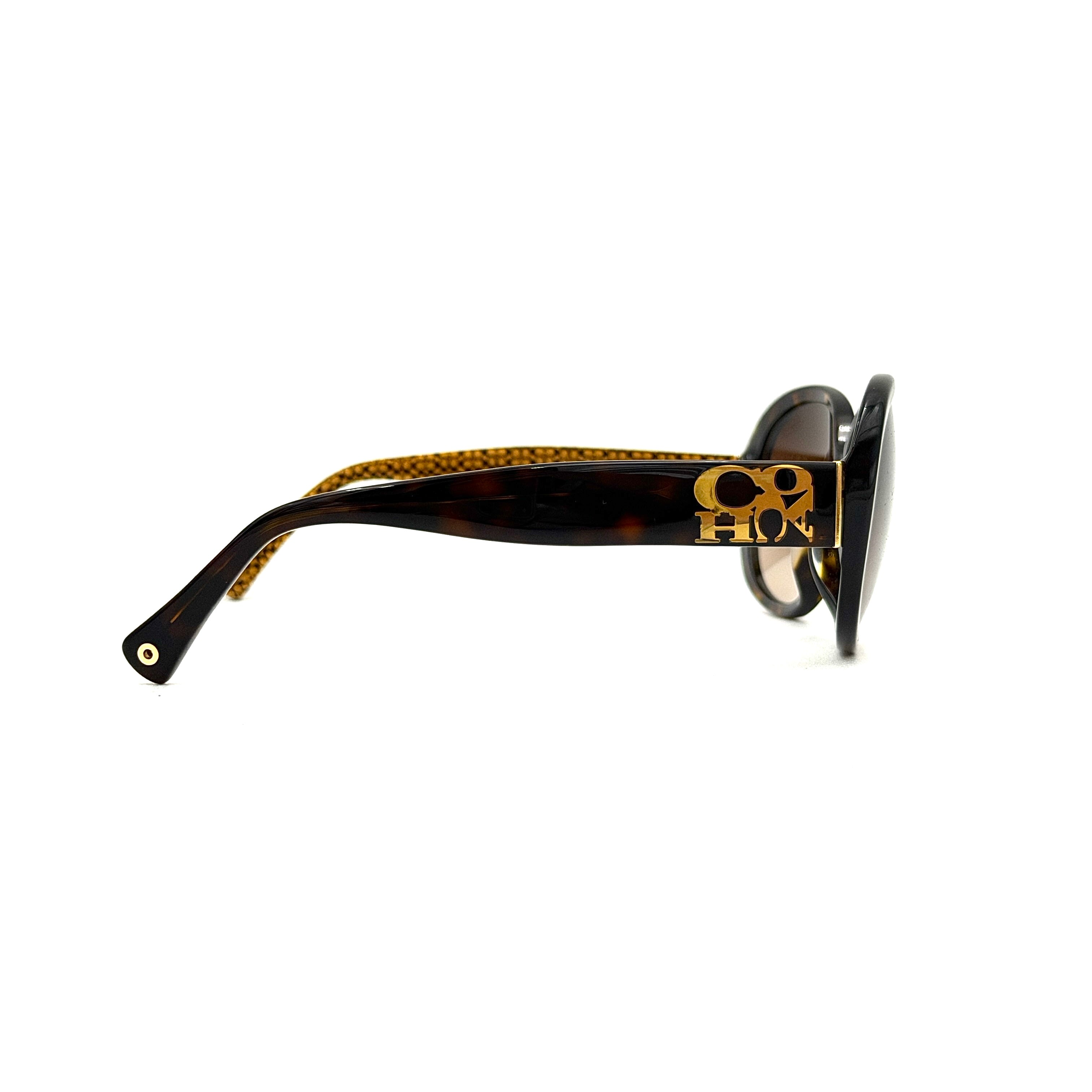 Coach HC8038F sunglasses in dark tortoise acetate with oversized oval frames and gold logo detail on the temple.