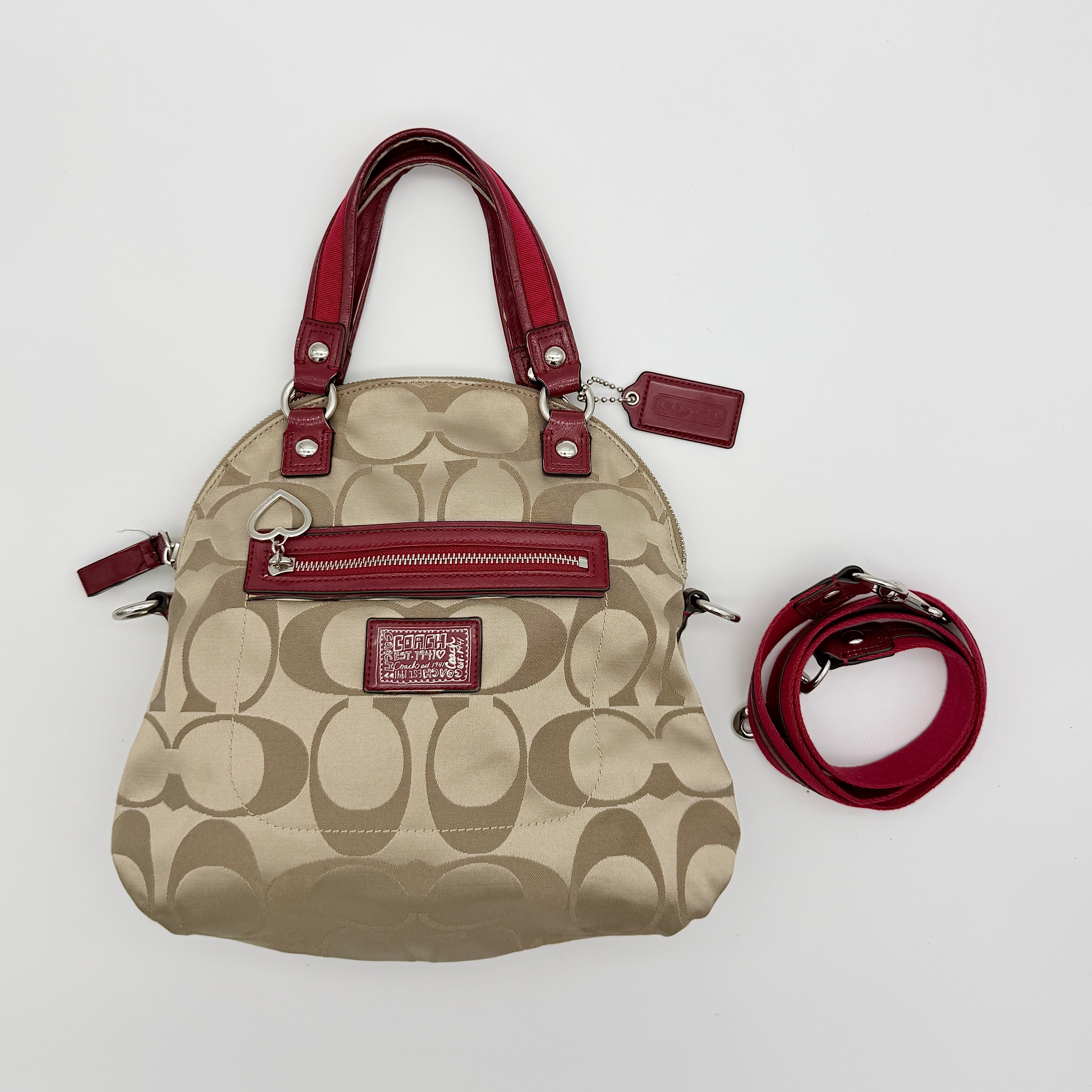 Coach 2Way Signature Poppy Satchel Handbag Beige/Red