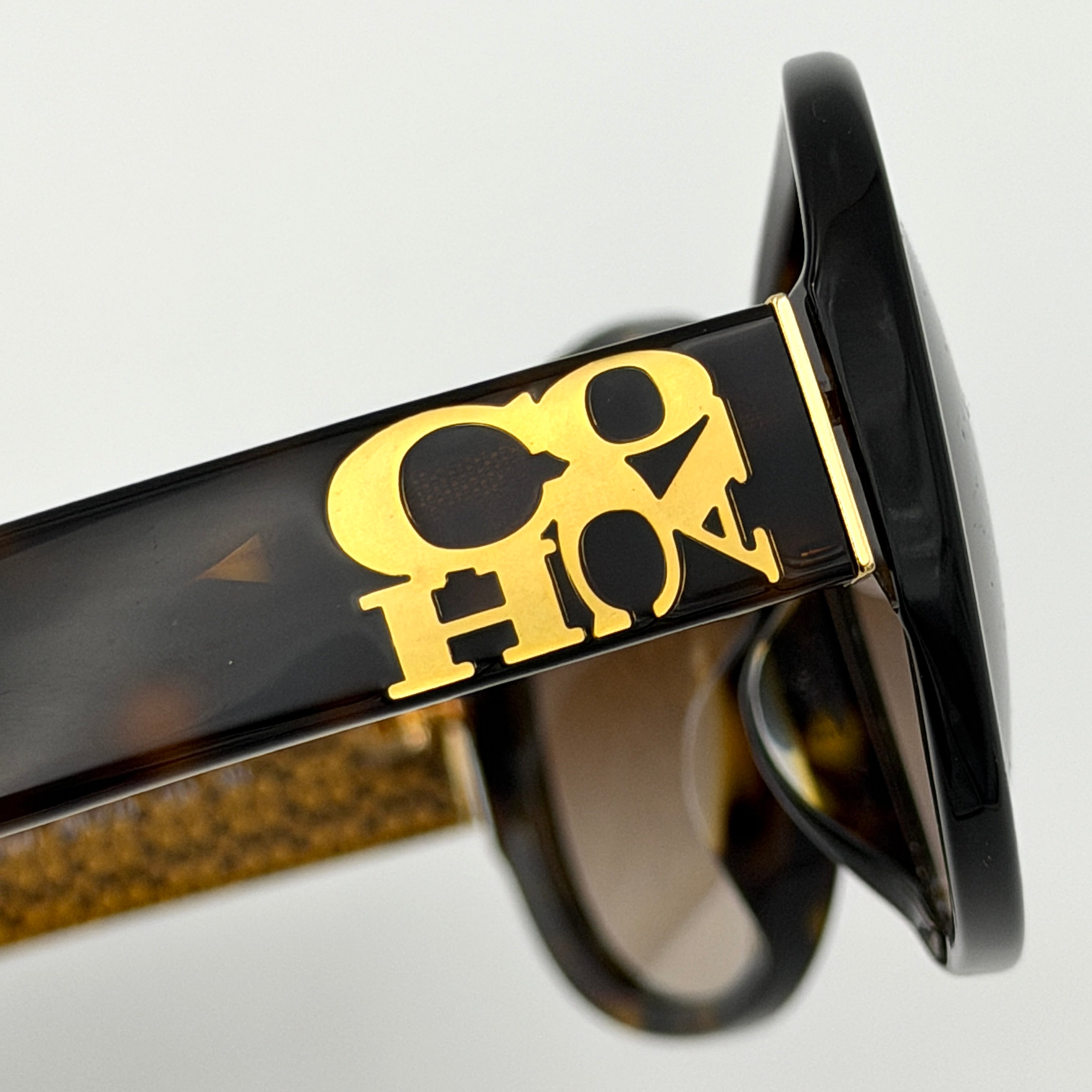 Coach HC8038F sunglasses in dark tortoise acetate with oversized oval frames and gold logo detail on the temple.