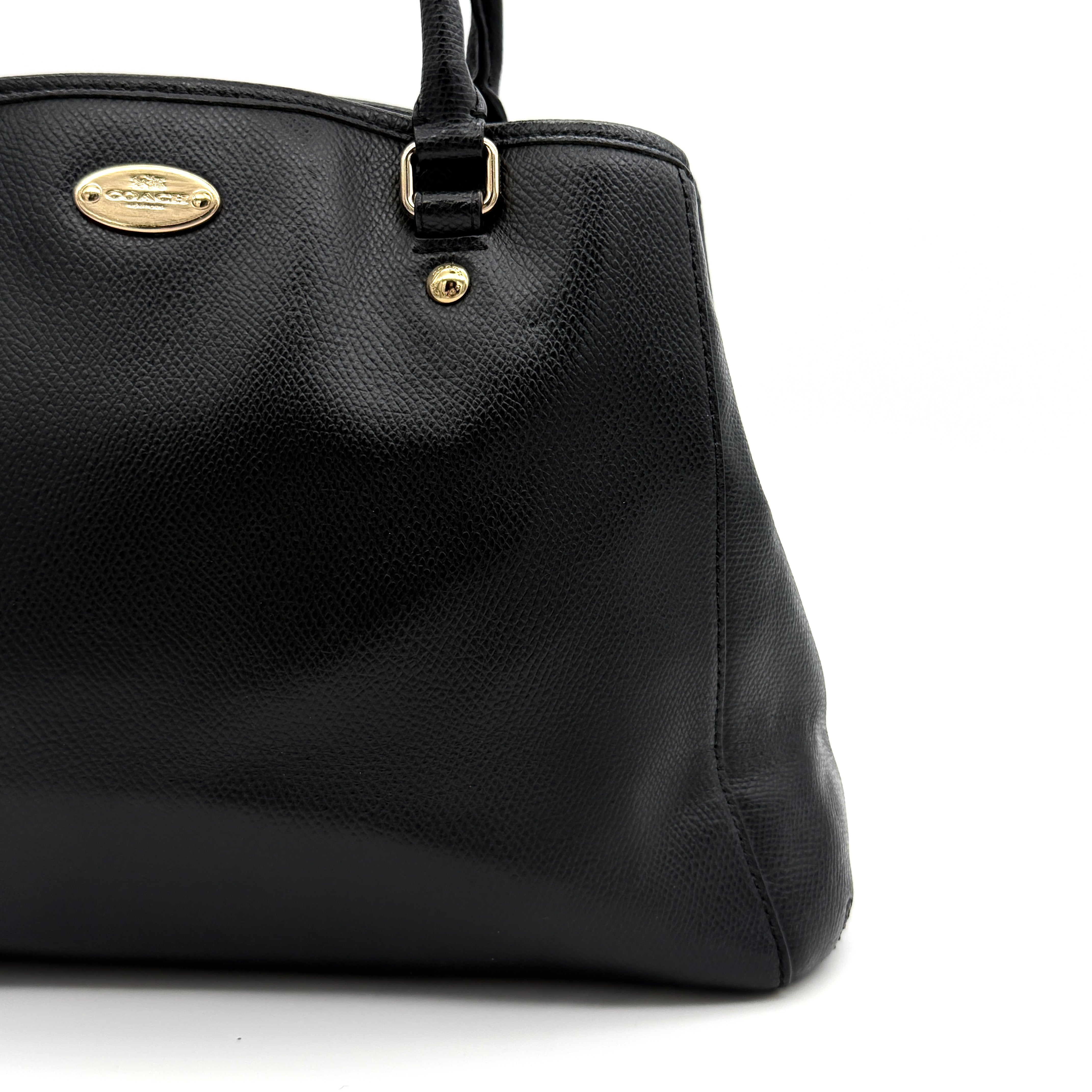 Coach 2Way Margot Carryall Handbag in black textured leather with gold-tone hardware and dual top handles, shown with detachable strap.
