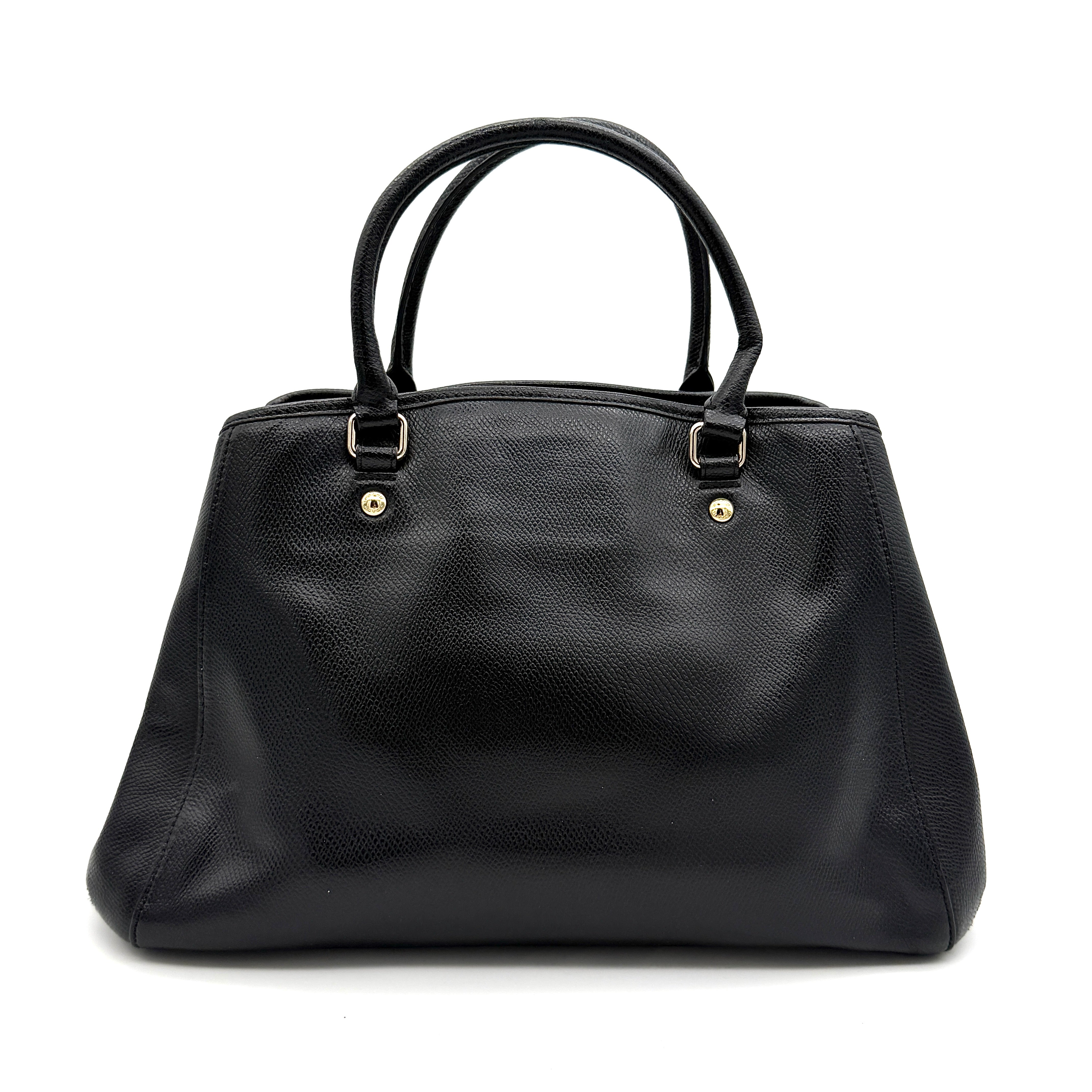 Coach 2Way Margot Carryall Handbag in black textured leather with gold-tone hardware and dual top handles, shown with detachable strap.