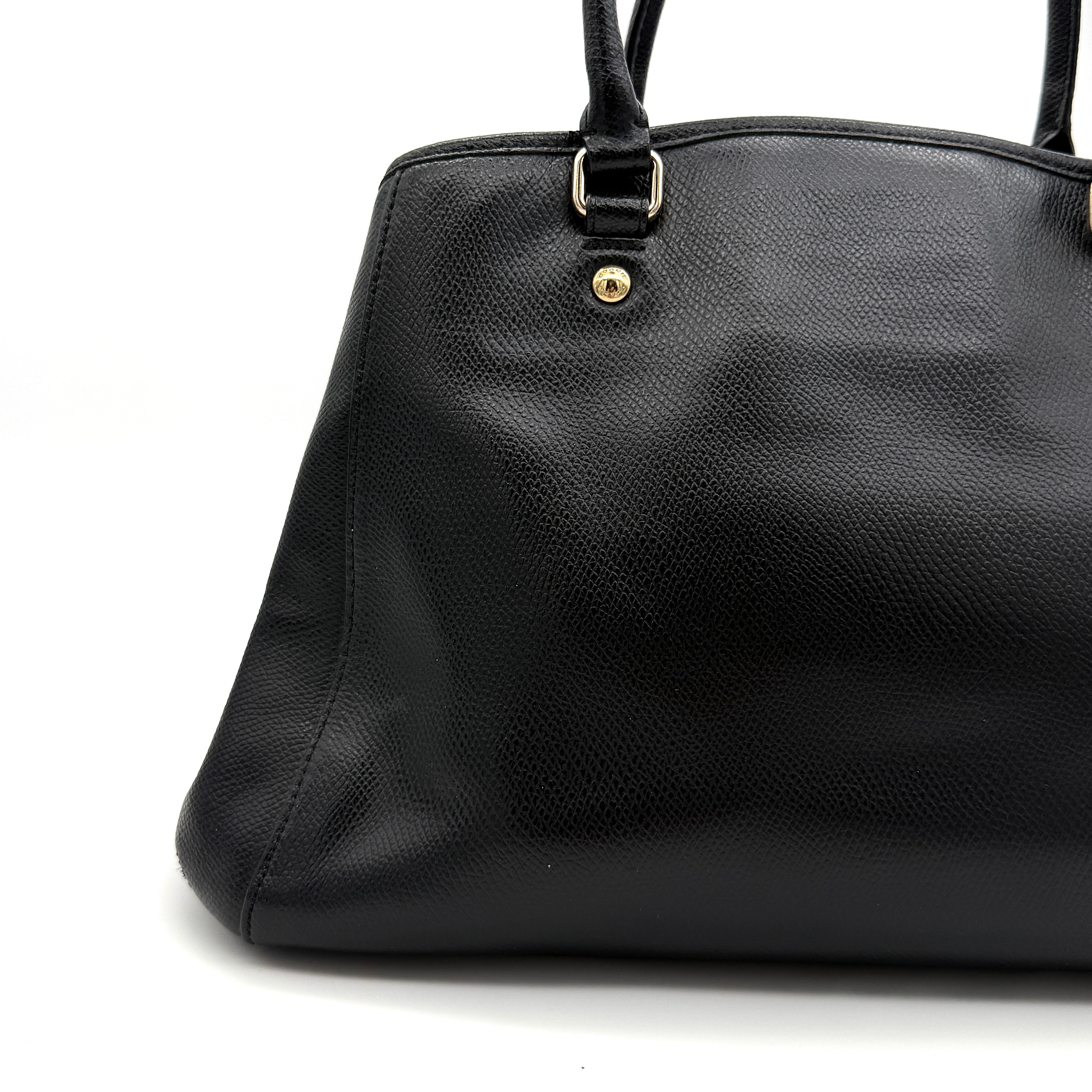 Coach 2Way Margot Carryall Handbag in black textured leather with gold-tone hardware and dual top handles, shown with detachable strap.