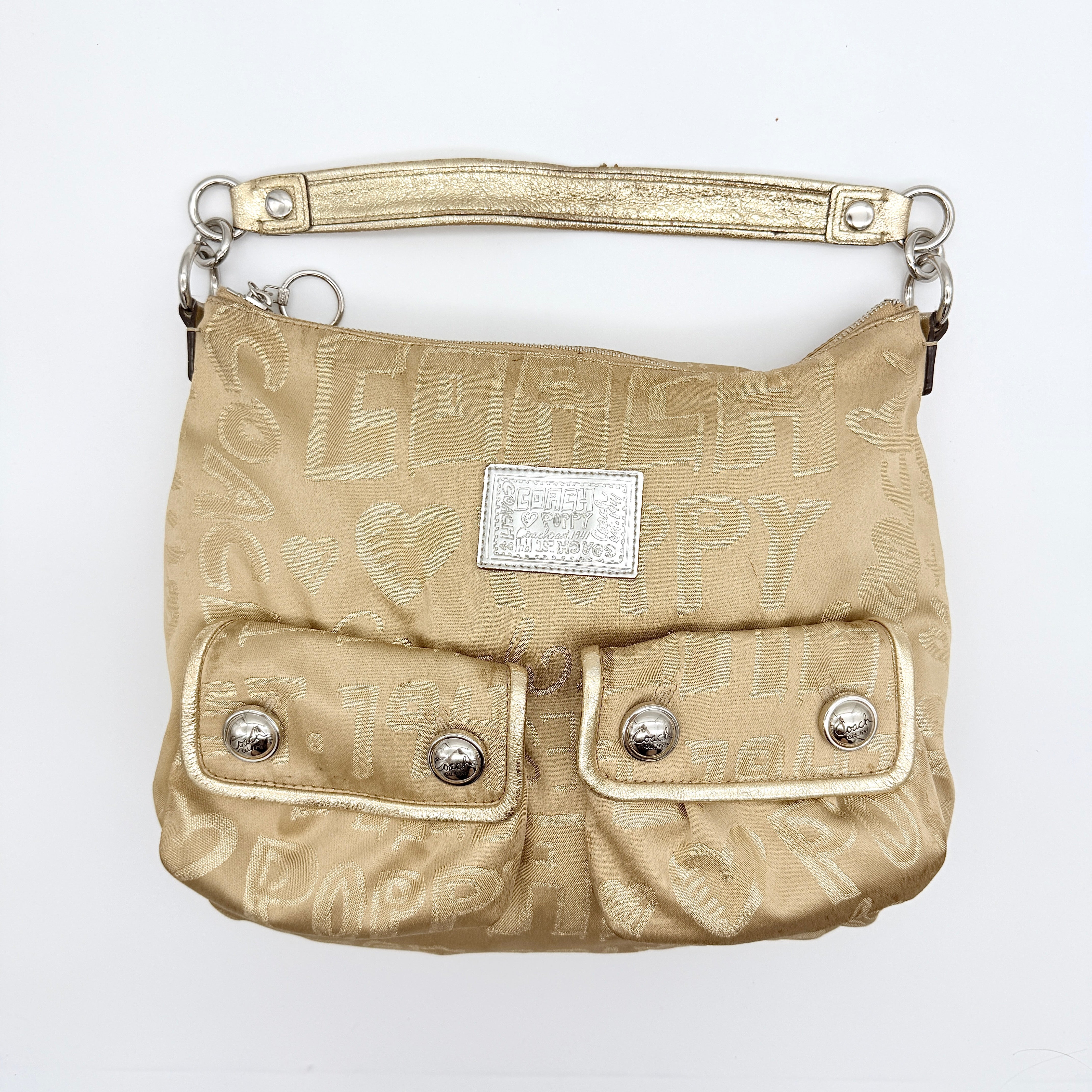 Coach Signature Poppy Pocket Hobo Sateen Shoulder Bag Beige/Gold