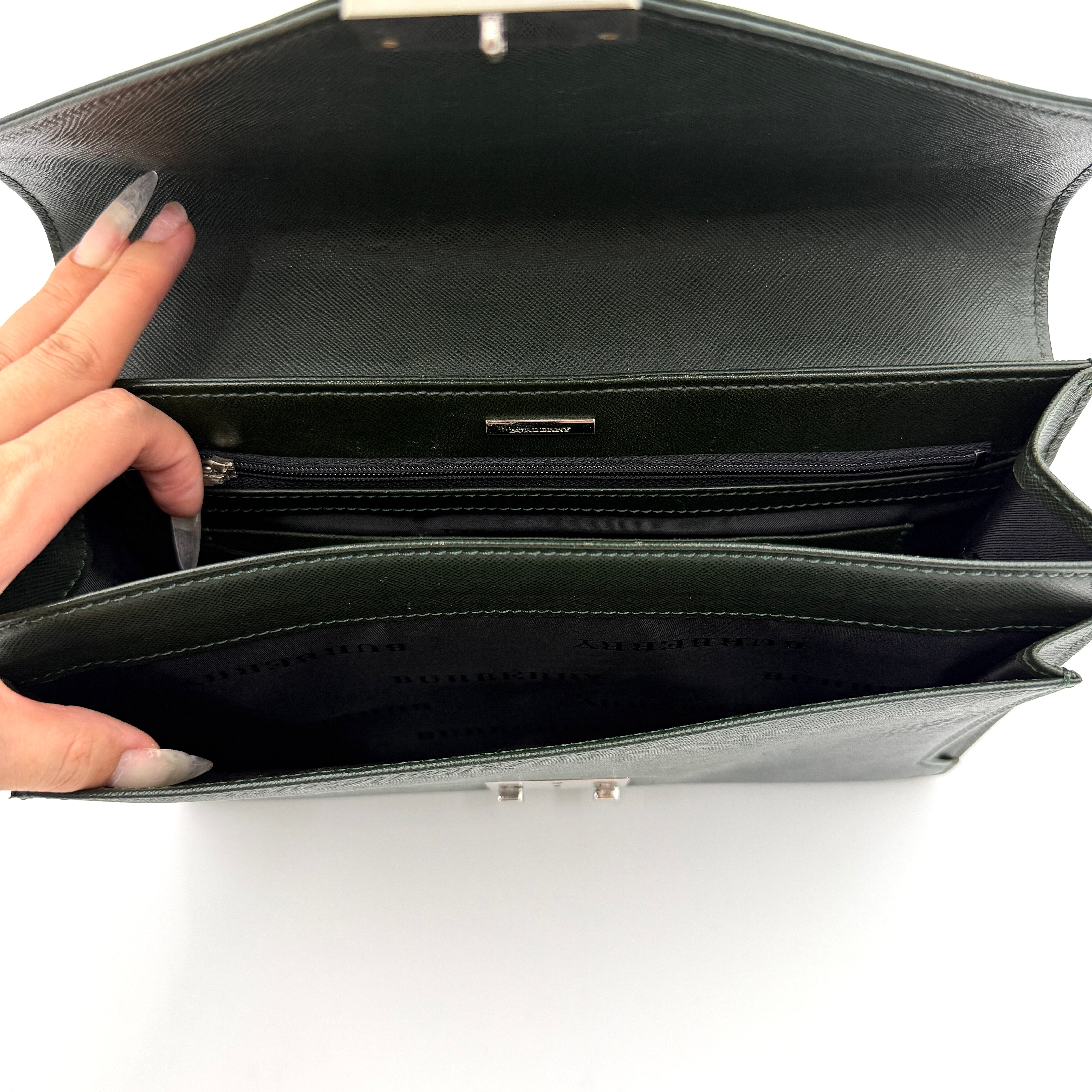 Burberry Leather Clutch Bag Dark Green