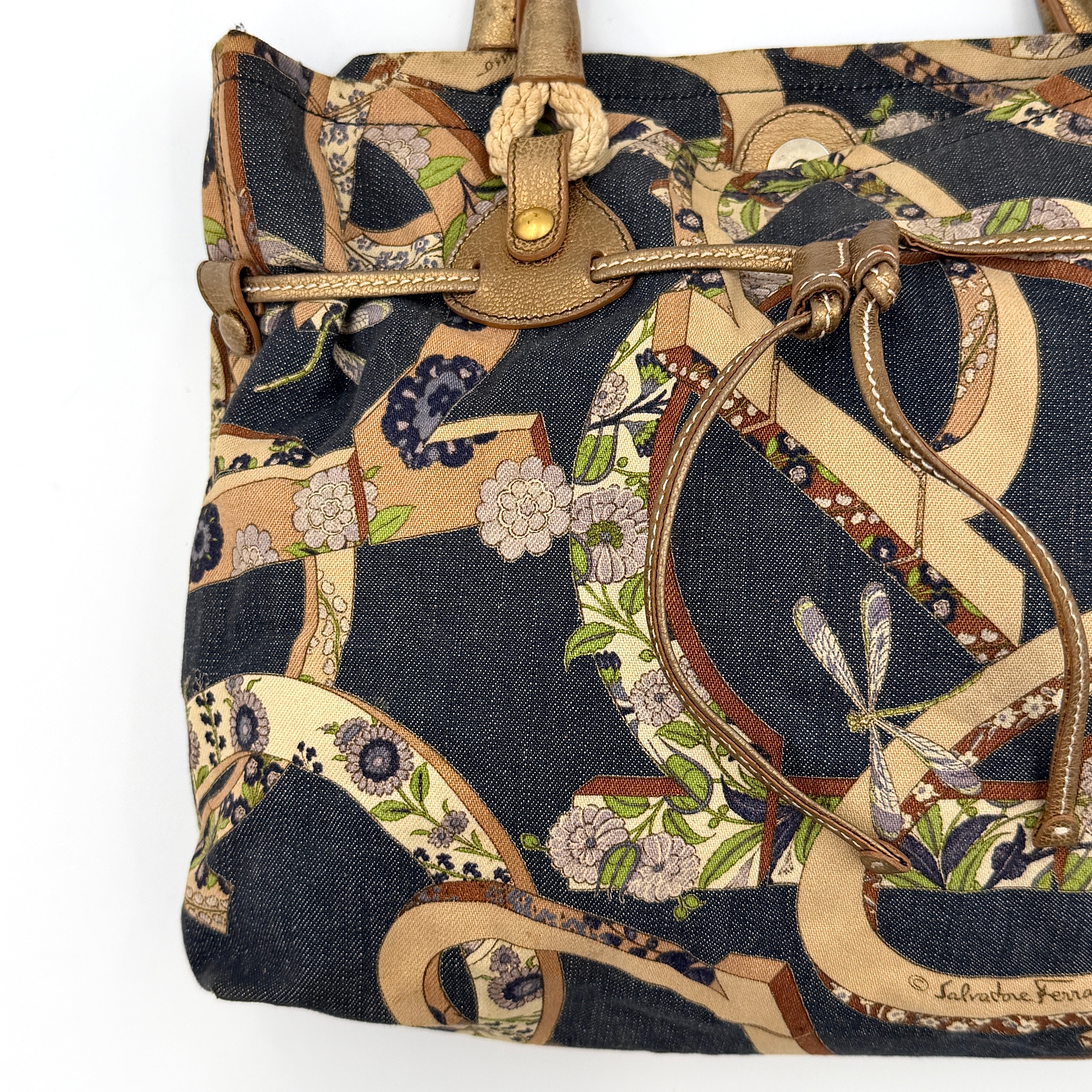 Salvatore Ferragamo Gancini Floral Denim Shoulder Bag Multi