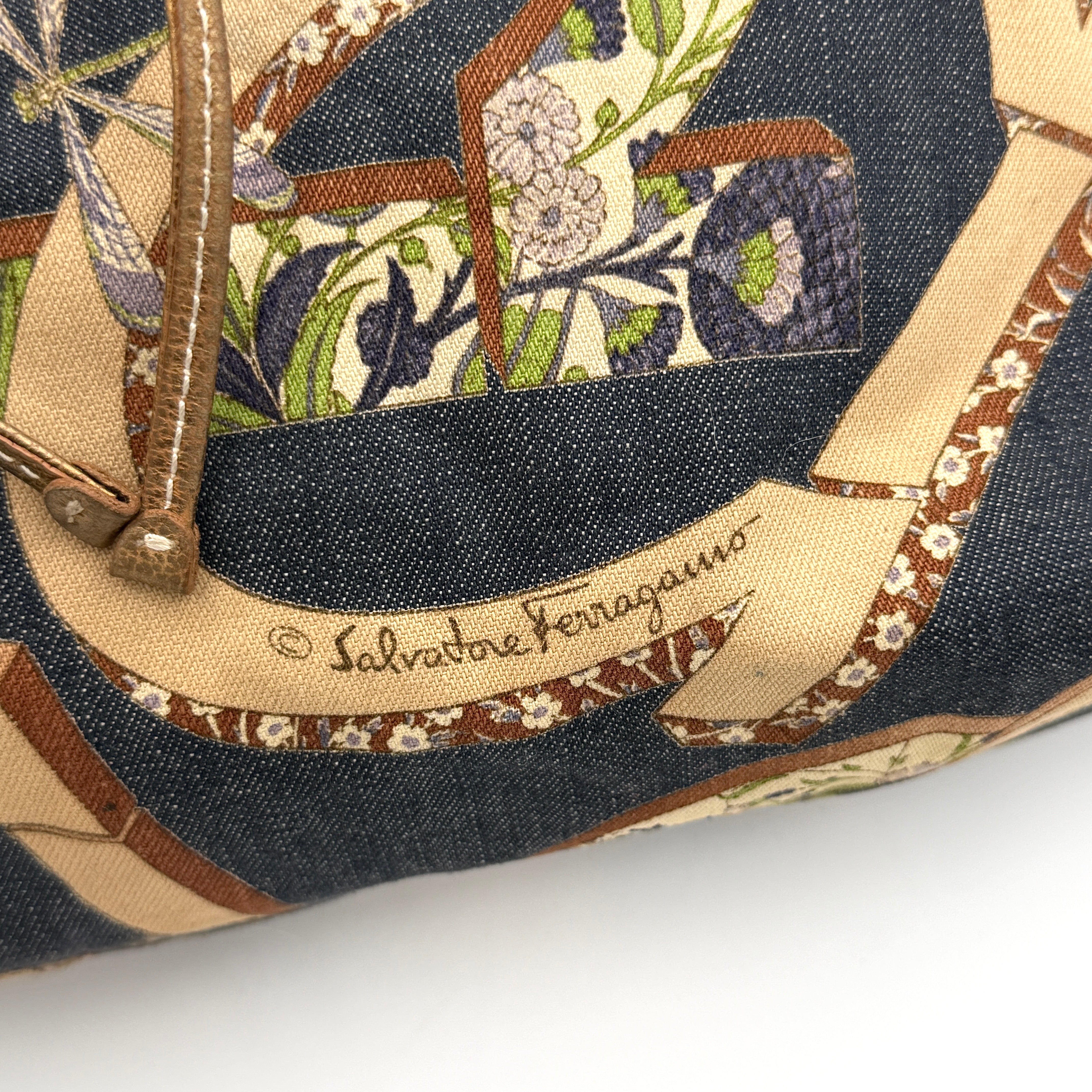 Salvatore Ferragamo Gancini Floral Denim Shoulder Bag Multi