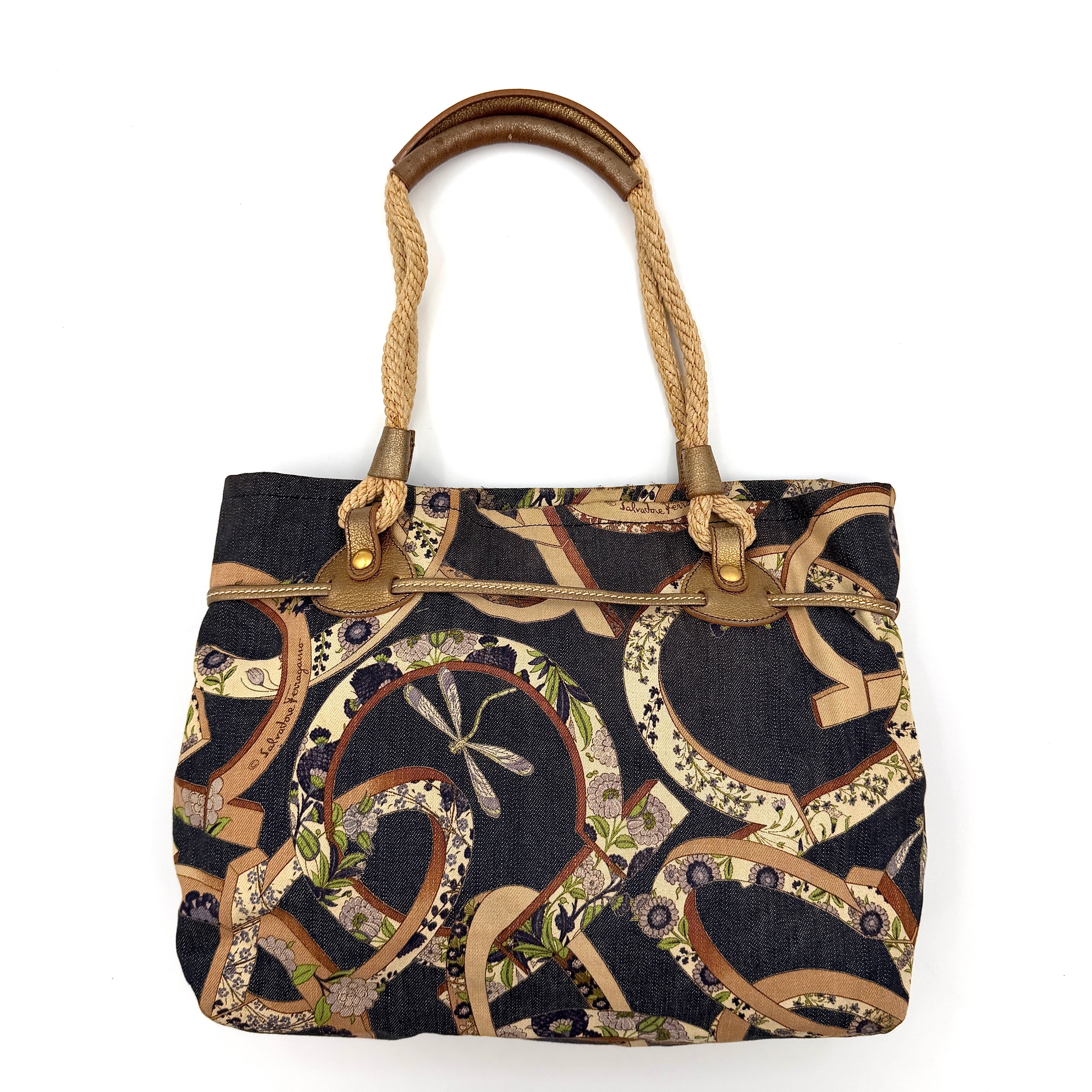 Salvatore Ferragamo Gancini Floral Denim Shoulder Bag Multi