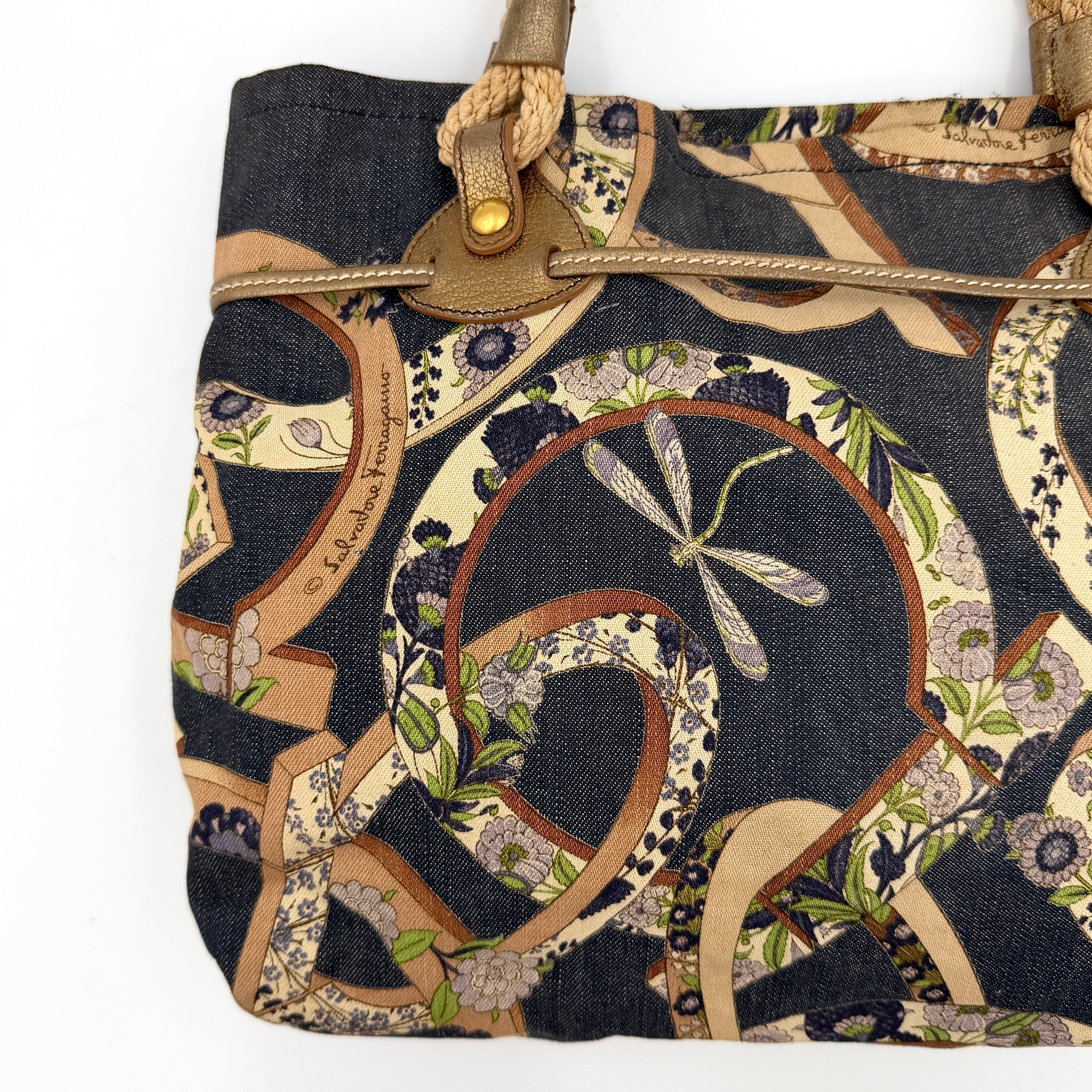 Salvatore Ferragamo Gancini Floral Denim Shoulder Bag Multi