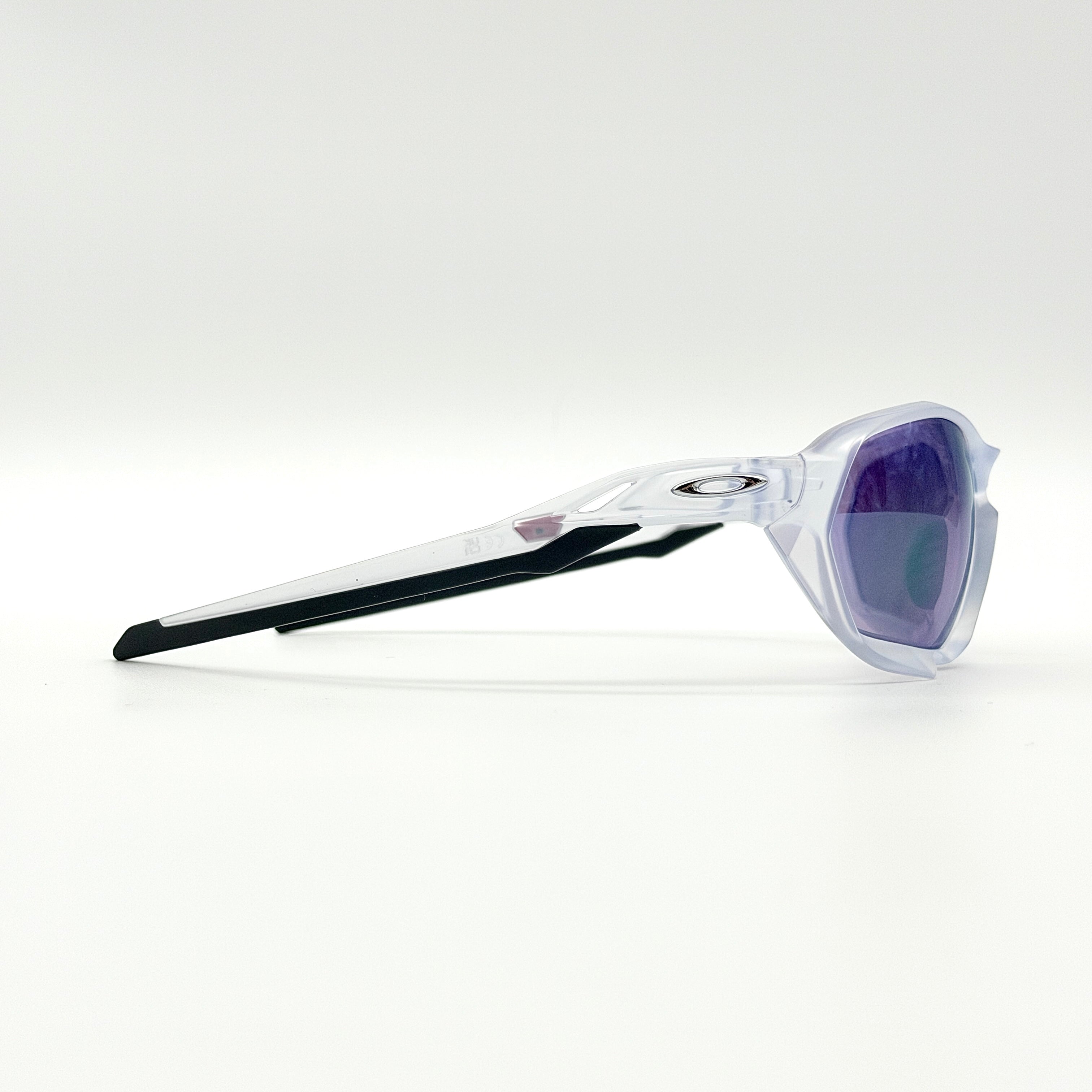 Oakley Plazma sunglasses in matte clear with Prizm Jade Road lenses, shown with original case and box.
