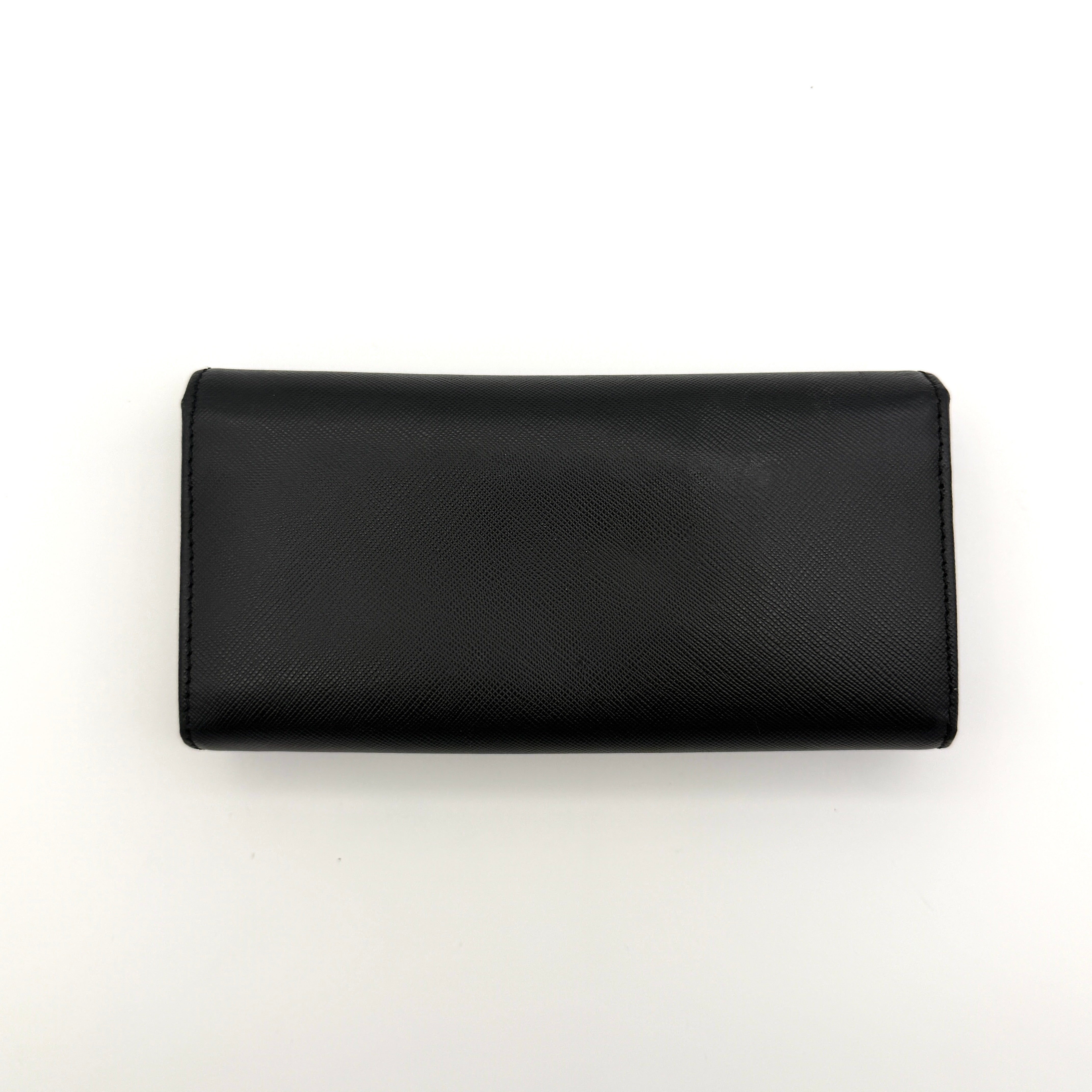 Vivienne Westwood black textured leather long wallet with gold Saturn orb emblem and flap closure.
