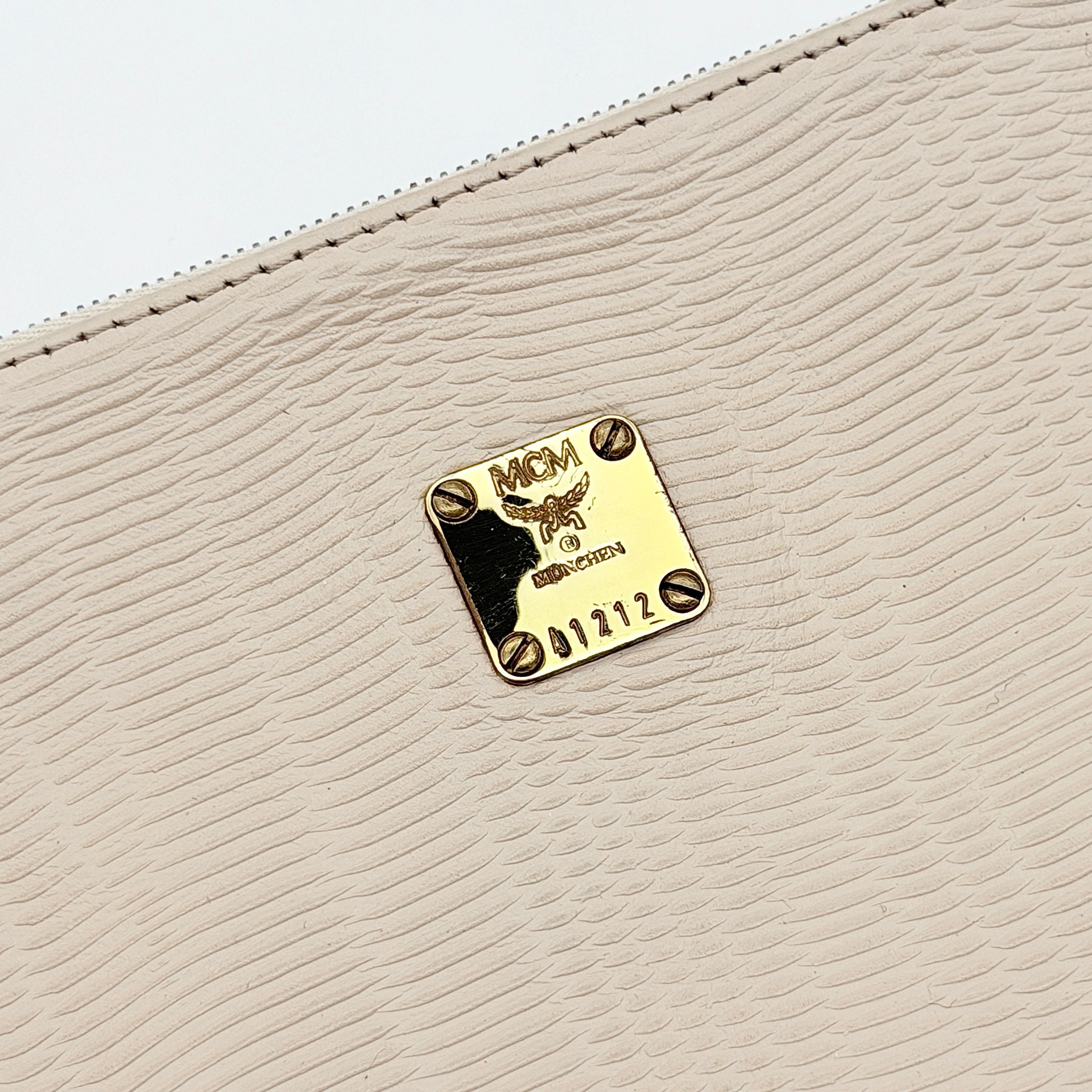 MCM Gold Logo Plaque Pouch Beige