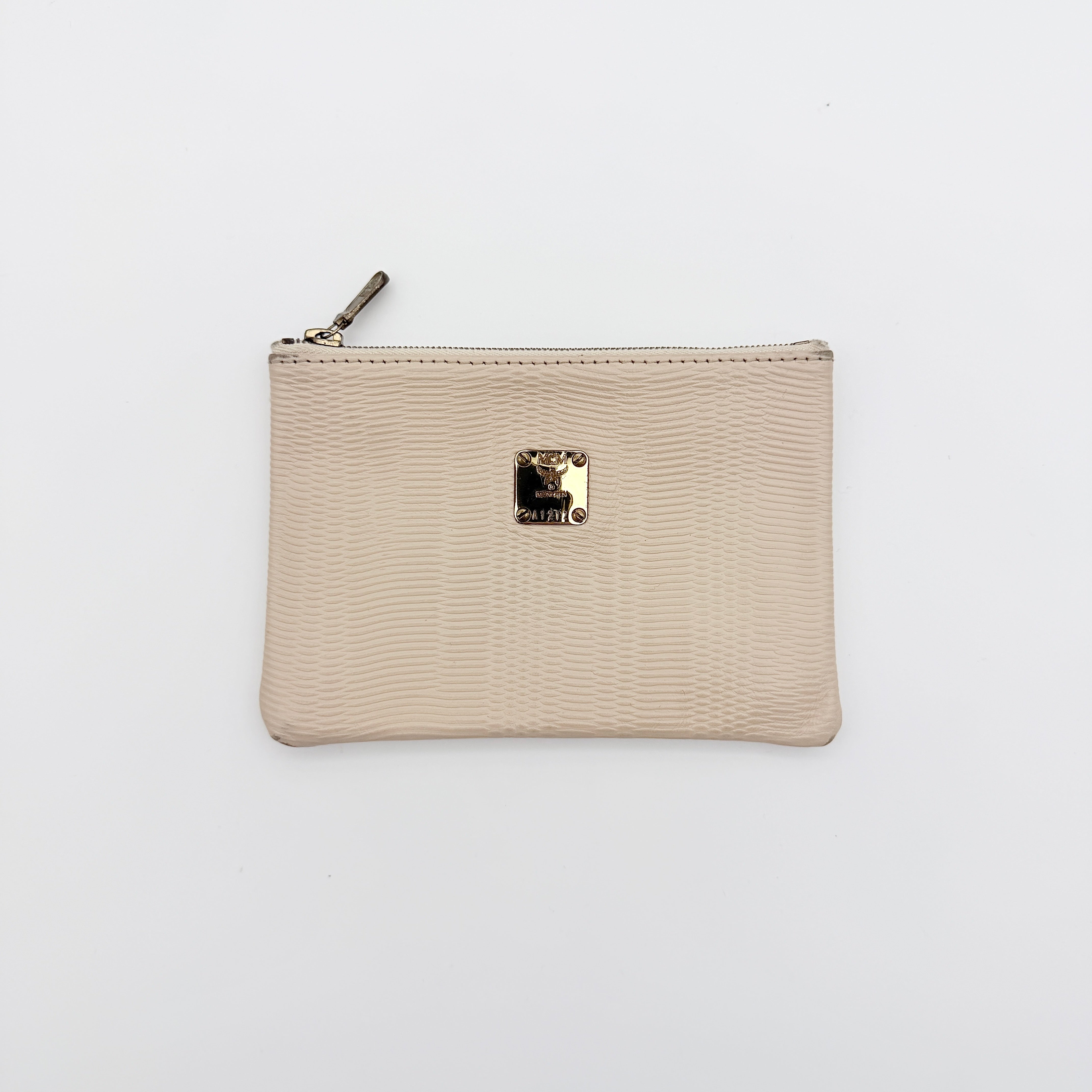 MCM Gold Logo Plaque Pouch Beige