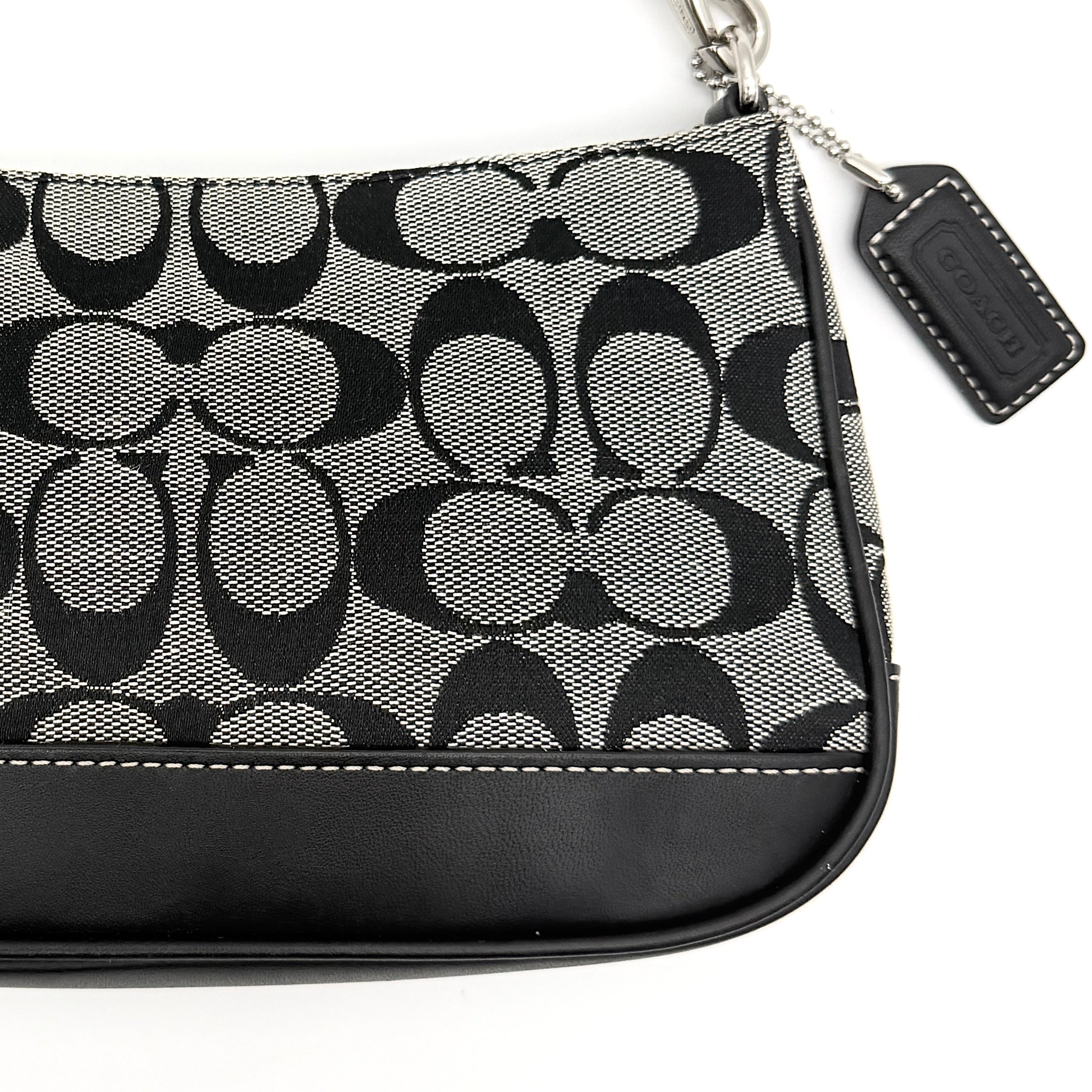 Coach Y2K Demi Shoulder Bag in grey and black jacquard with black leather trim and silver hardware.
