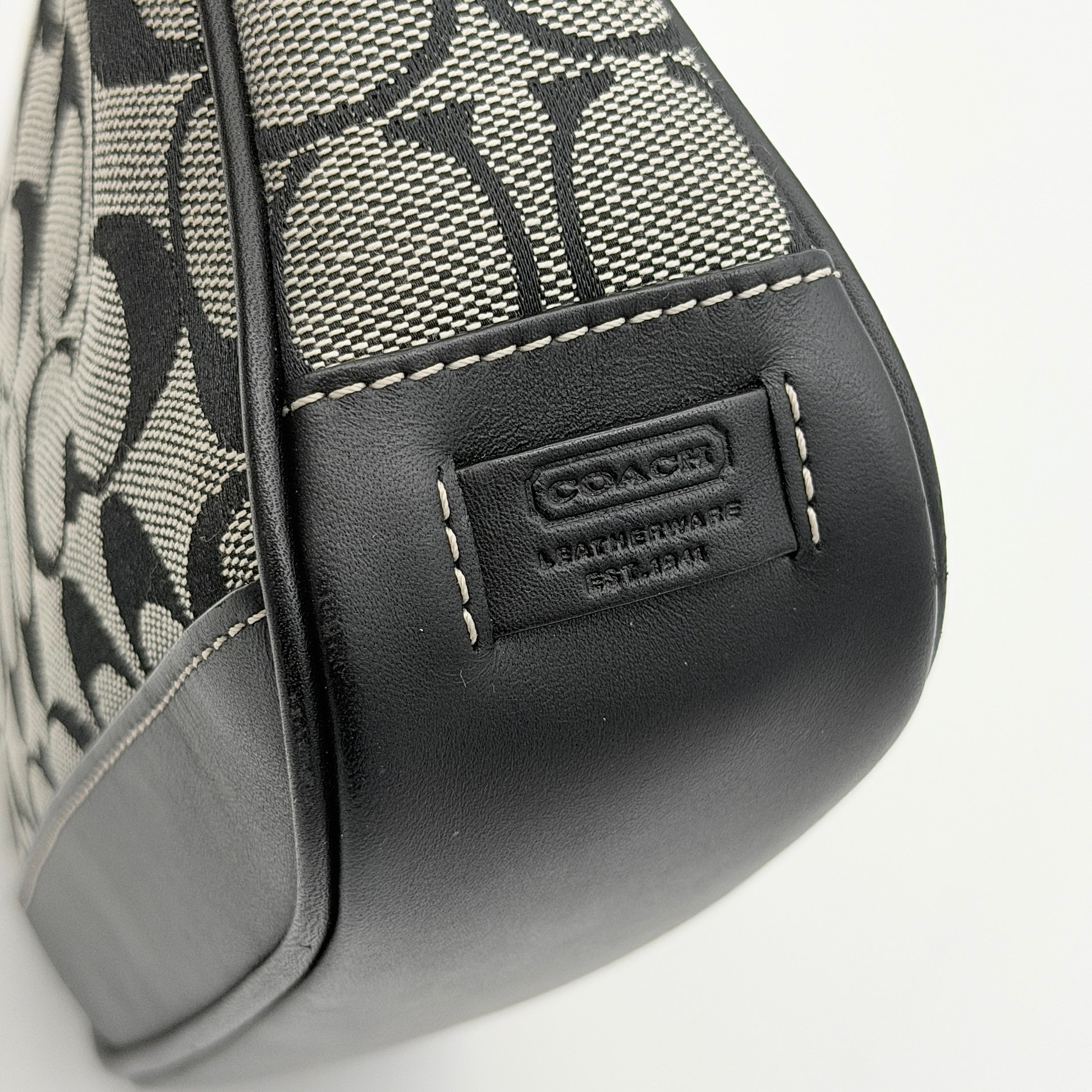 Coach Y2K Demi Shoulder Bag in grey and black jacquard with black leather trim and silver hardware.